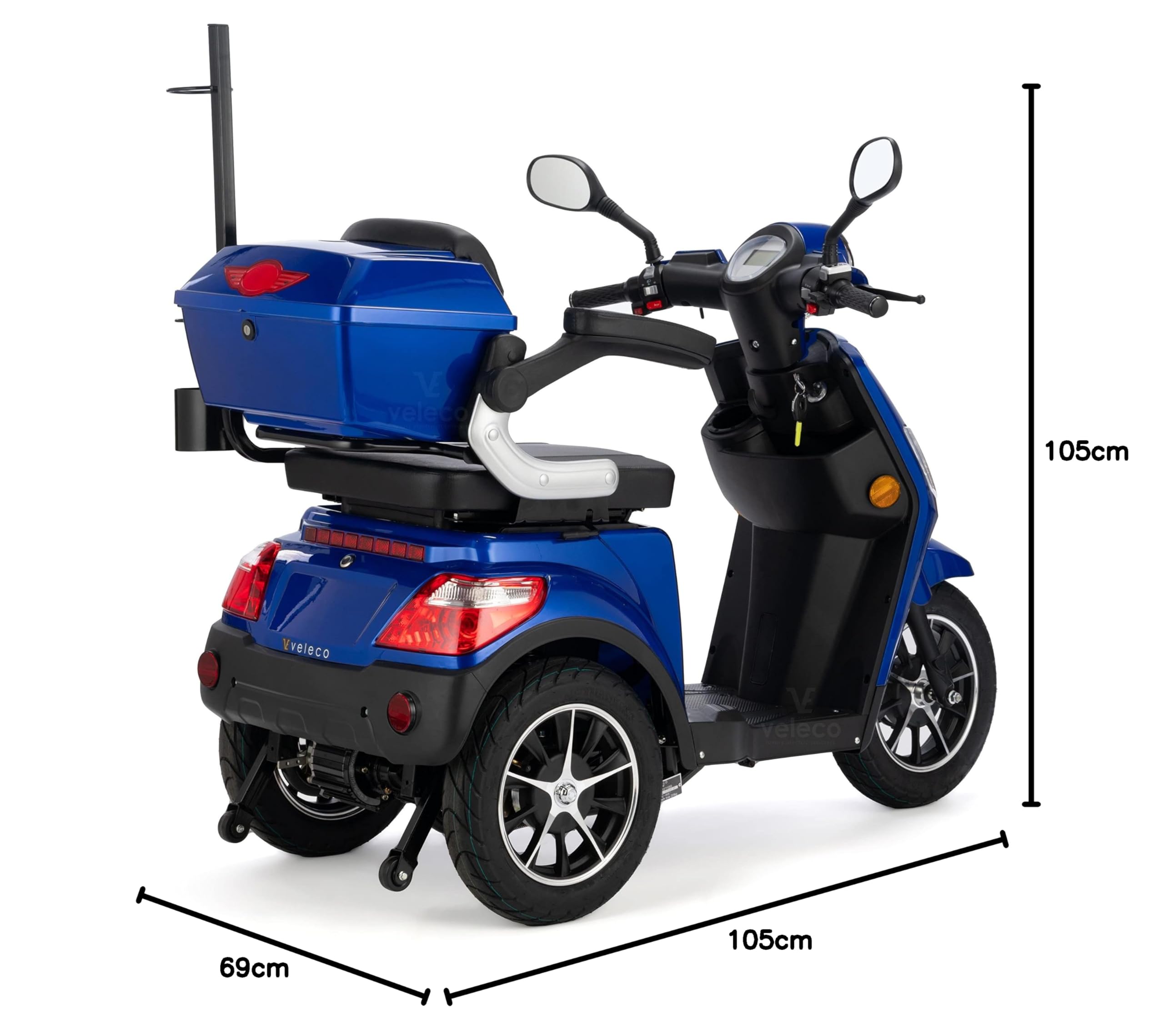 VELECO DRACO - Dispositivode movilidad de 3 ruedas - Totalmente ensamblado y listo para usar - Freno magnético automático - Soporte para bastones (AZUL)
