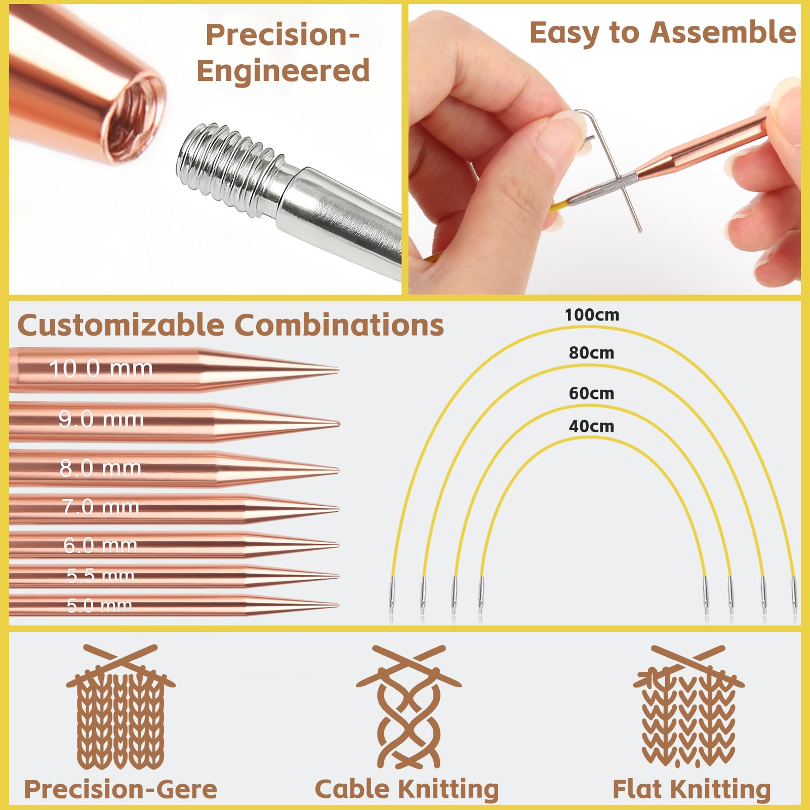 Juego de agujas circulares intercambiables, 13 pares (26 piezas) de agujas de tejer de aluminio de oro rosa, tamaños de 3 mm a 10 mm, estuche de agujas de tejer y accesorios para principiantes y
