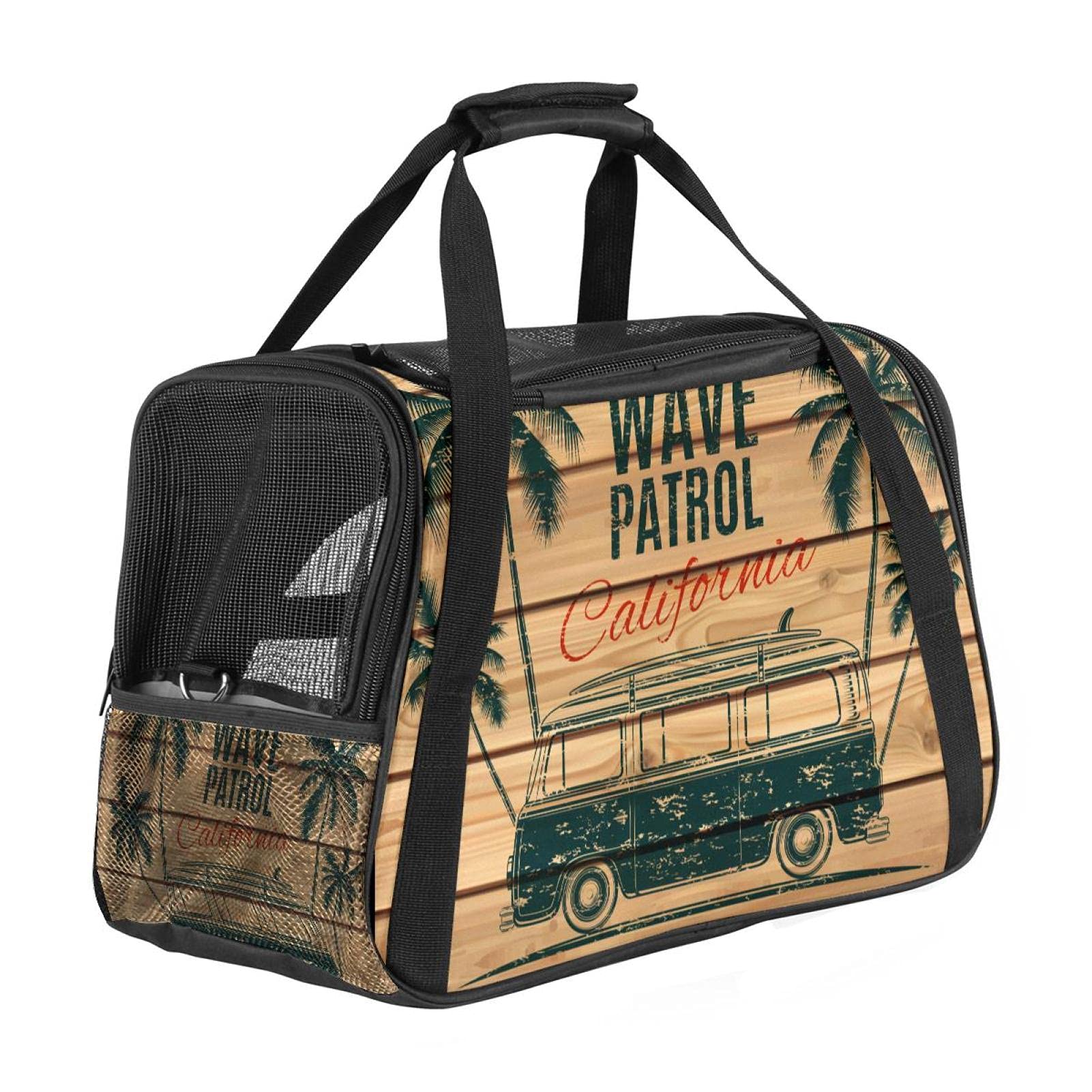 Bolsa de viaje portátil para mascotas con estampado de árboles y paneles de microbuses