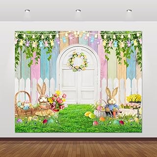 Easter Backdrop 10x8ft Spring Easter Garden Photography Backdrop Bunny Rabbit Colorful Eggs Door Fence Grass Background Baby Children Easter Party Decoration Banner