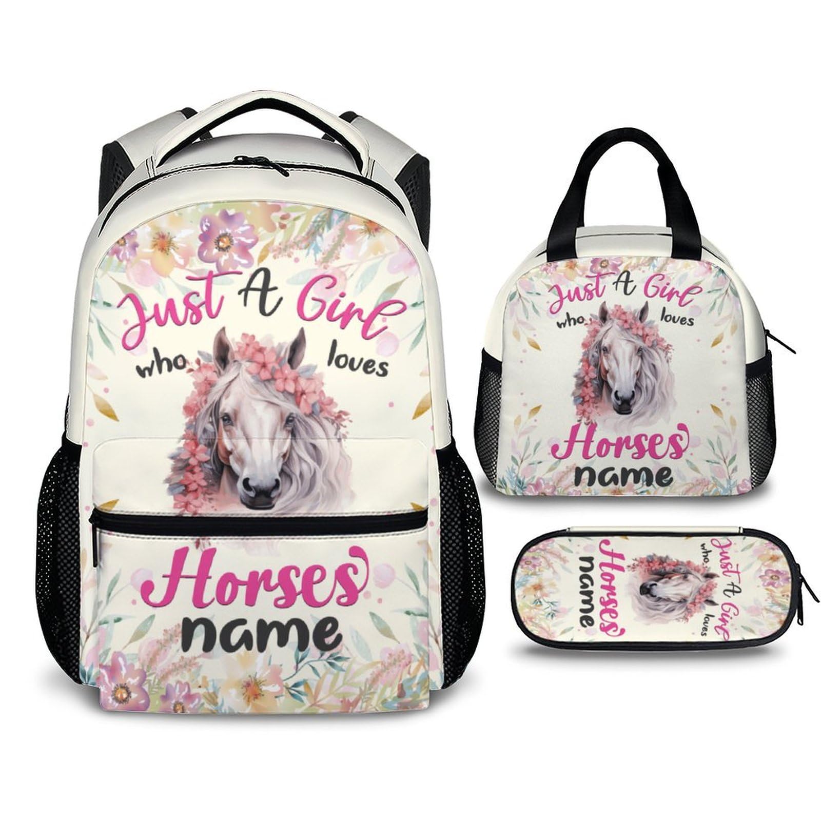 FLEXIMX Custom School Backpack Set with Lunch Box Pencil Case, Horse Girls Backpacks Set of 3, Personalized Kids Bookbag Matching Combo