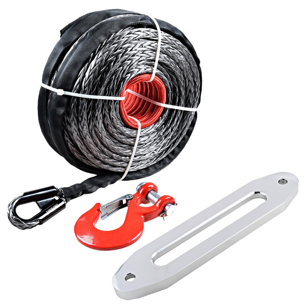 Anzio (95' x 3/8 20000+ LBS) Synthetic Fiber Winch Rope Cable w/Protective Sleeve Red Hook + Hawse Fairlead 10