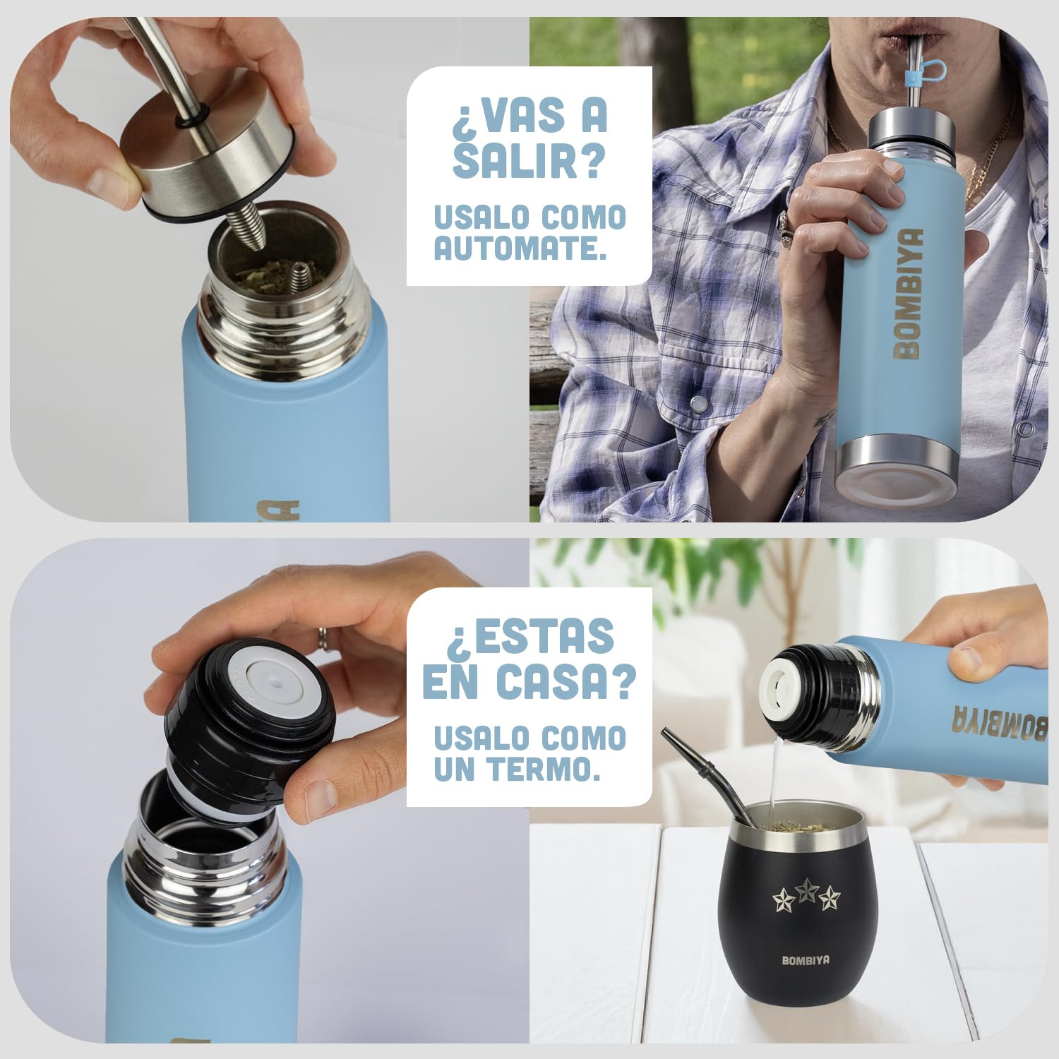 Mate listo 750ml con todas sus partes de acero inoxidable – Termo mate 2 en 1 cambiando su tapa es un termo clásico – Automate para tus mates argentinos o terere (Celeste) — view 5