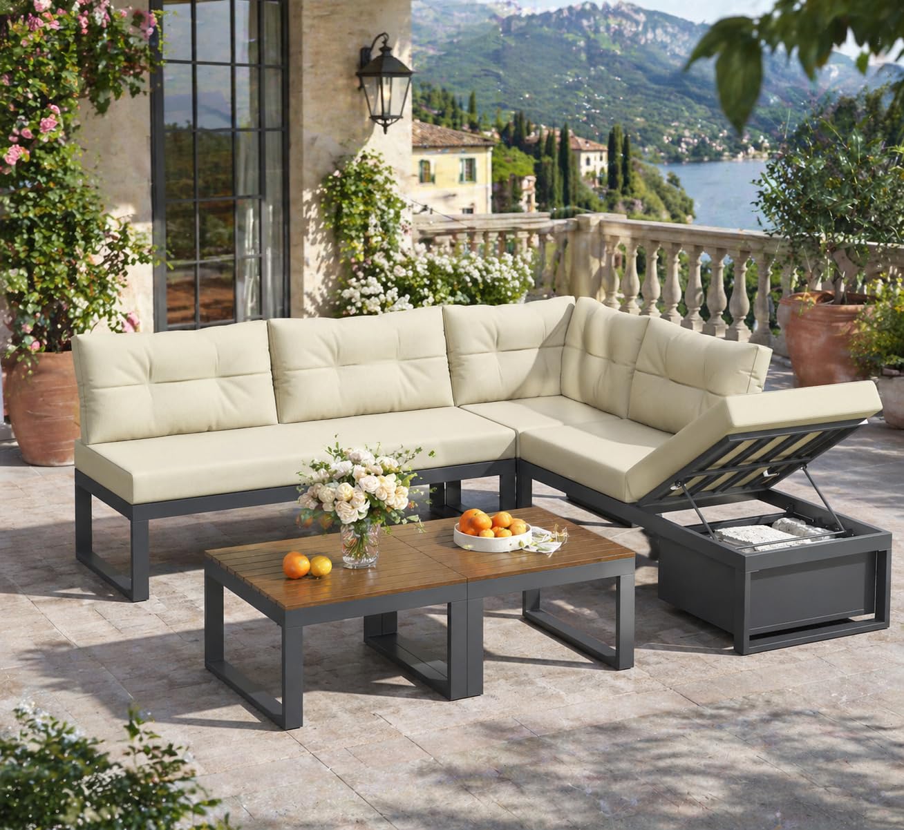 Soggiorno da giardino esterno, tavolino in alluminio e divano ad angolo regolabile con funzione di stoccaggio, mobili resistenti alle intemperie per terrazza e balcone(comodi cuscini)(Beige)