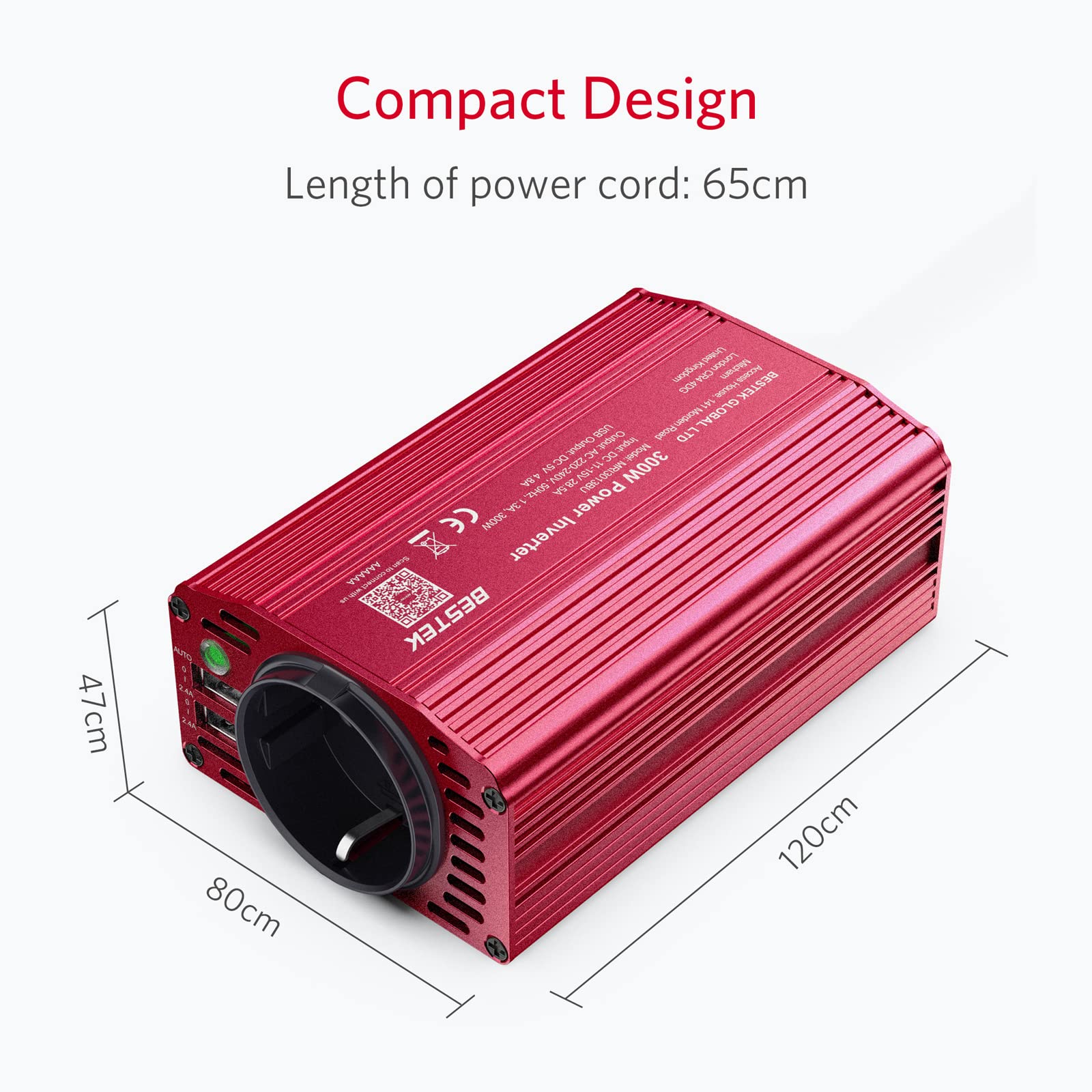 BESTEK Spannungswandler 12v 230v 300W Modifizierte Sinus Wechselrichter 12 V auf 230V Spannungswandler mit AC Steckdose und 2 USB Anschlüsse inkl. Kfz Zigarettenanzünder Stecker, Rot