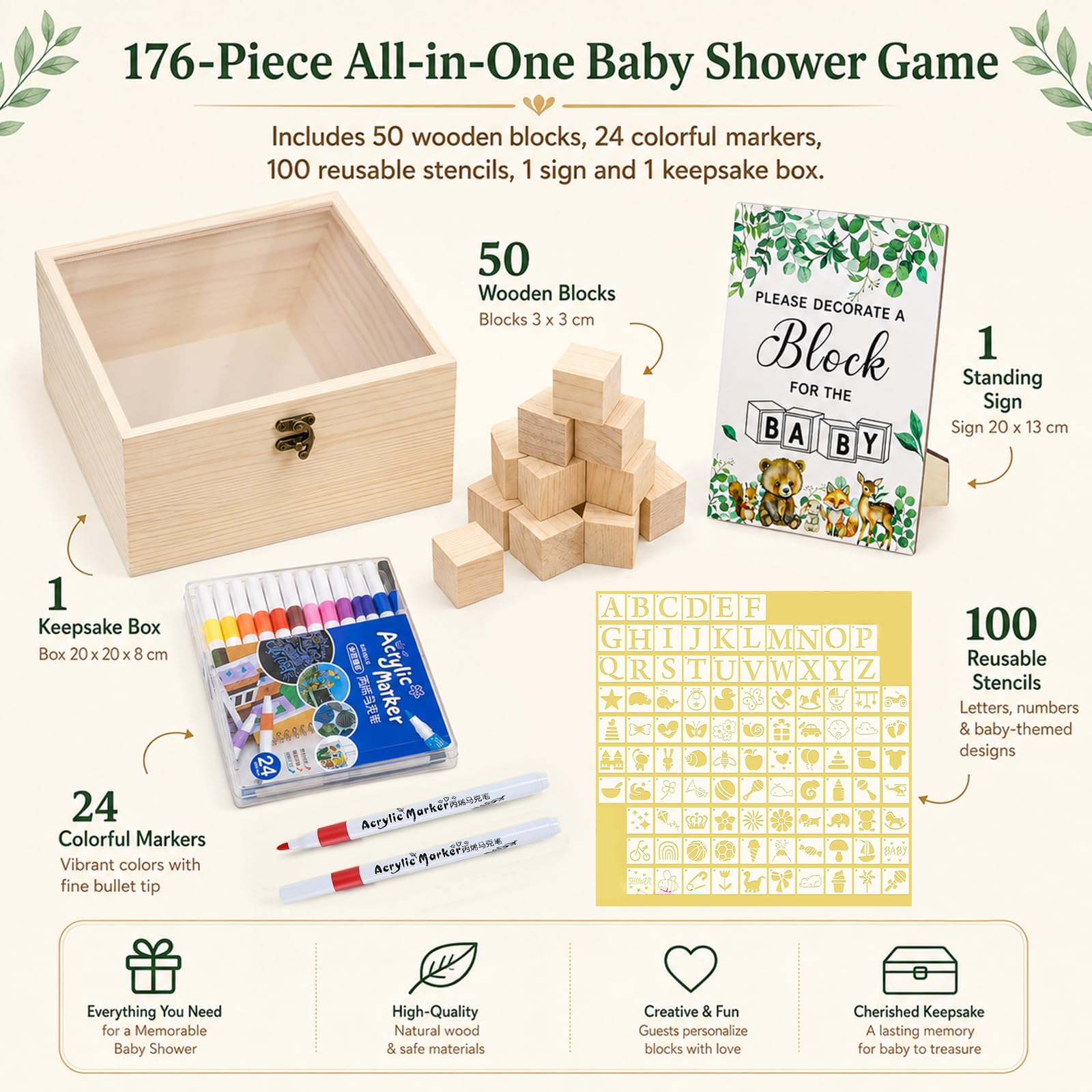 176 Stück Babyparty Spiele Set, Holz Kreativität Baby Shower Spiele
