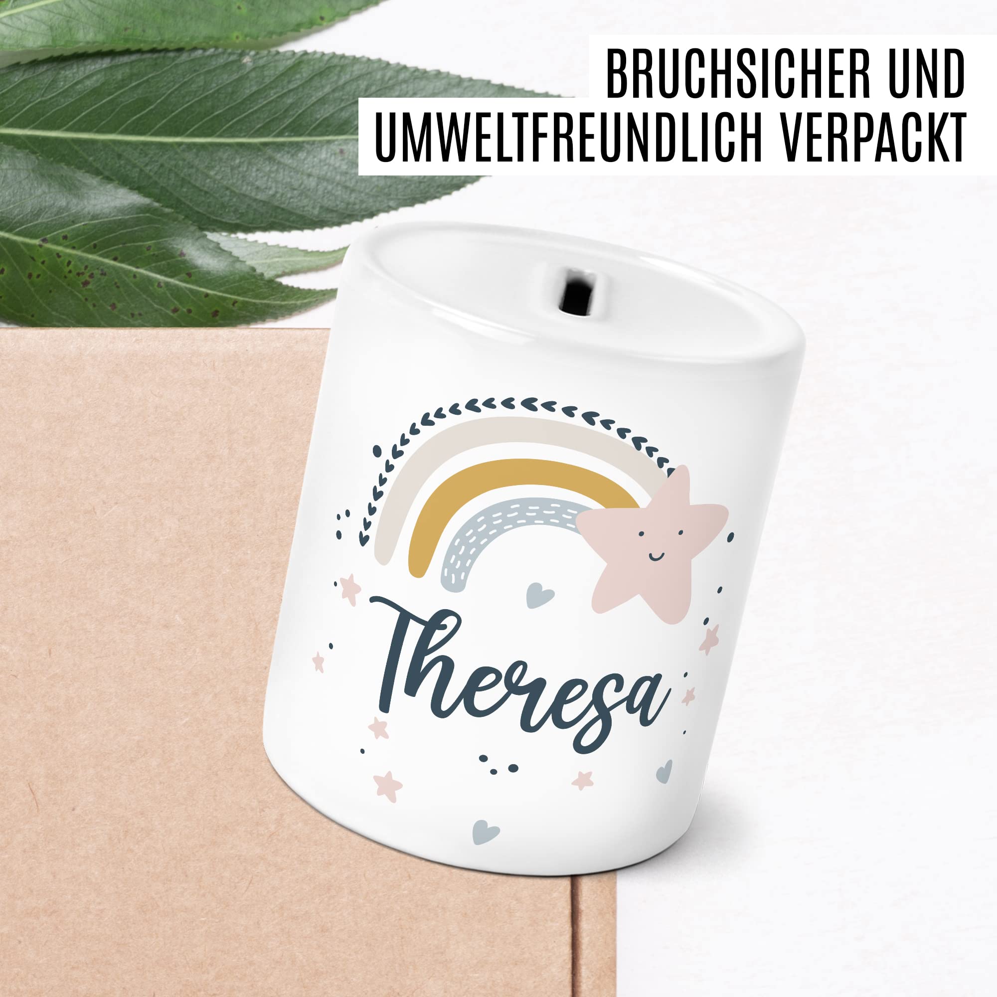 Salvadanaio In Ceramica Personalizzato Con Nome E Data – Arcobaleno Con Farfalla – Regalo Nascita, Battesimo, Compleanno – Blu - 3