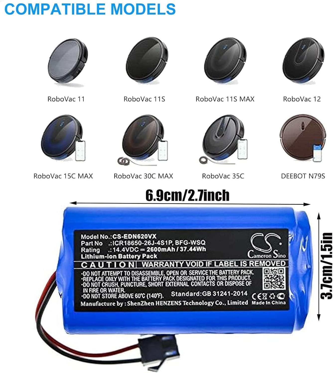 14.4V 2600mAh Replacement Battery for Eufy RoboVac 11, 11S, 30, 30C, 15C, 15T, 12, 35C, 15C MAX, for Ecovacs Deebot N79S, 500, N79, DN622 Robot Vacuum Cleaners