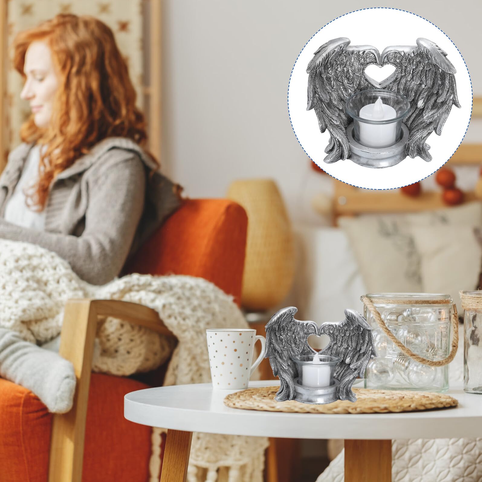 ERINGOGO Kerzenständer mit Engelsflügel Design aus Harz und Glas Flammenloser Dekorativer Kerzenhalter für Wohnzimmer und Jubiläum Retro Stil Eleganz