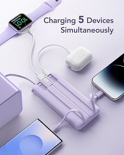 Miniatura 8 de VRURC Cargador portátil de 10000 mAh, banco de energía con pantalla LED delgada, batería de 5 salidas y 2 entradas, cables micro y USB C integrados