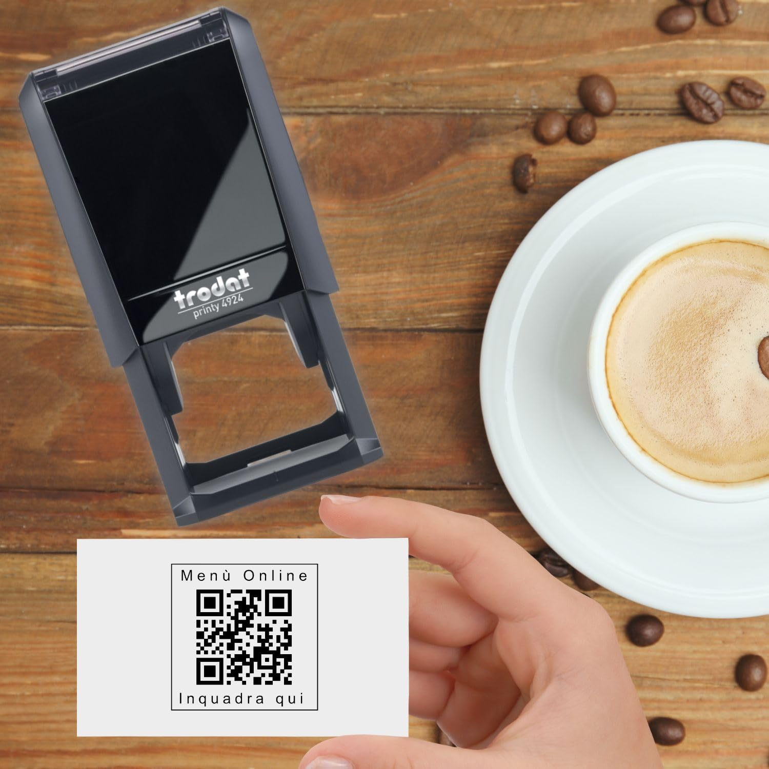 Trodat Timbro Autoinchiostrante Personalizzato con QR Code, Printy 4924, per Uffici, Aziende, Eventi, Cerimonie, Pizzerie, Bar e Ristoranti, Biglietti da Visita e Badge (40x40 mm - Quadrato)