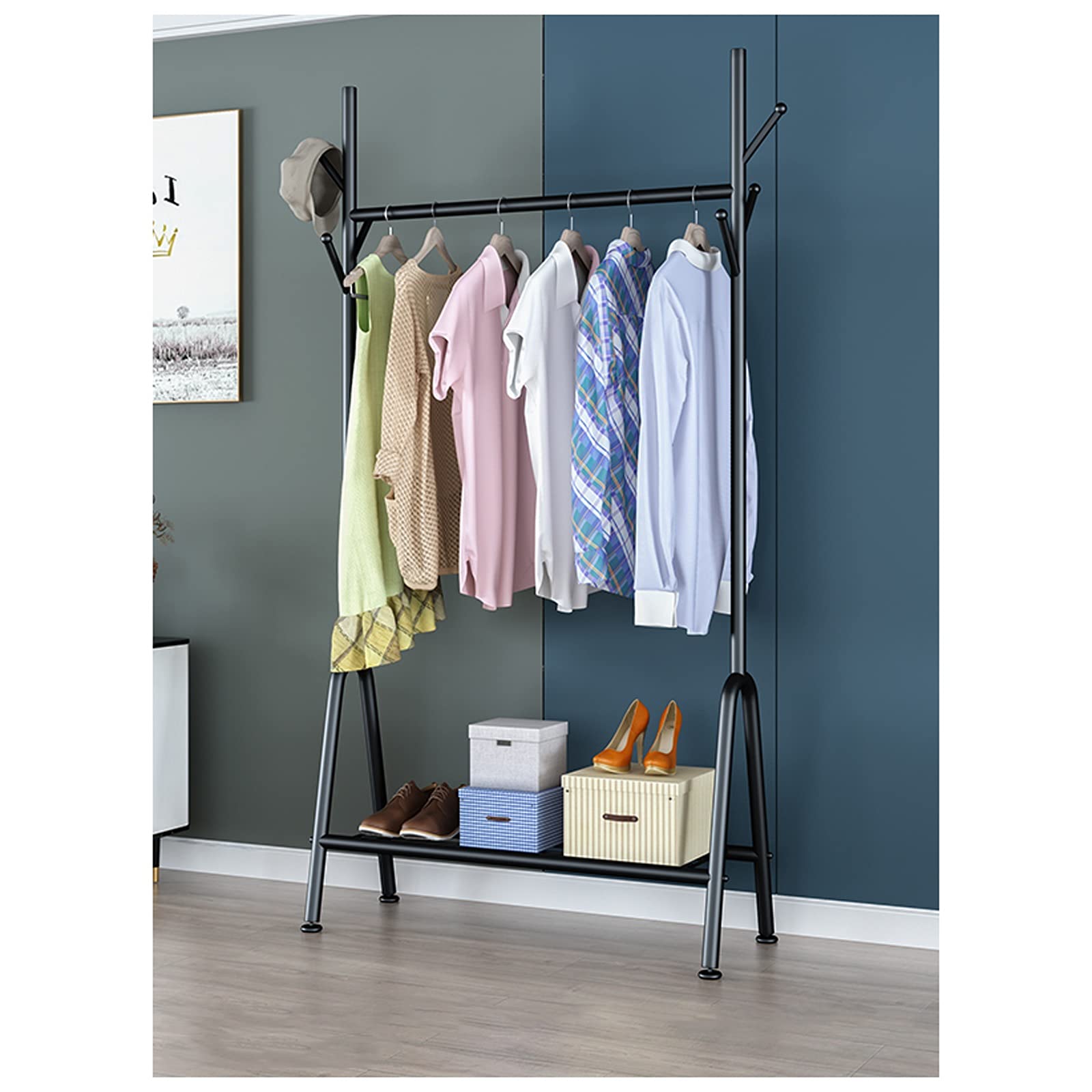 YNBSHGAA Clothes Rail with Storage Shelf & Hooks, Heavy Duty Garment Rack for Bedroom Entryway, Adjustable,Black-120cm