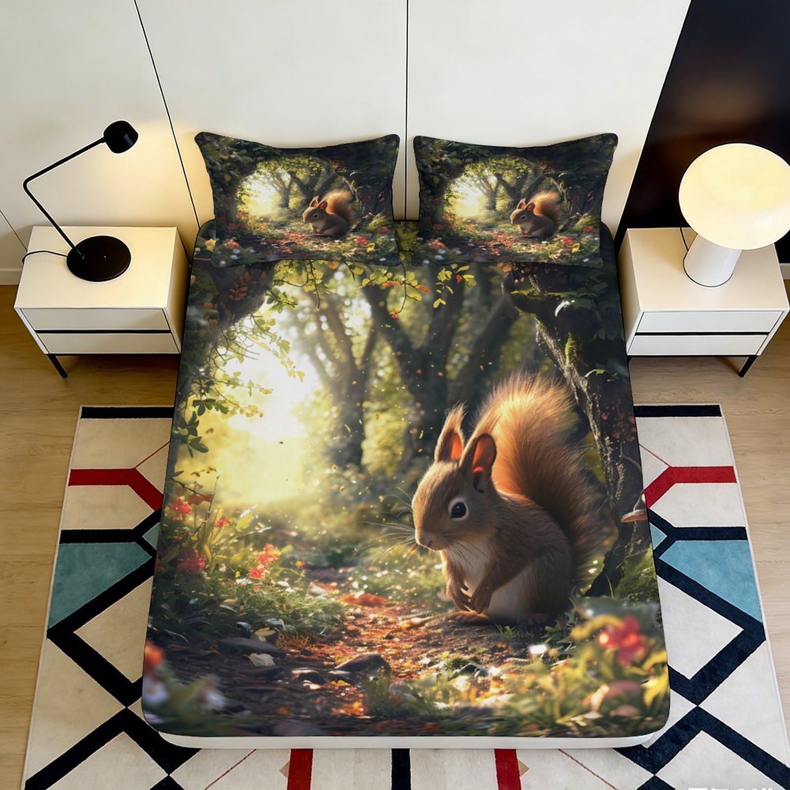 3D Printed Forest Squirrel Fitted Sheet Microfiber Soft Woodland Animal Bed Cover for Bedroom Guest Room Decor 90x200x25cm