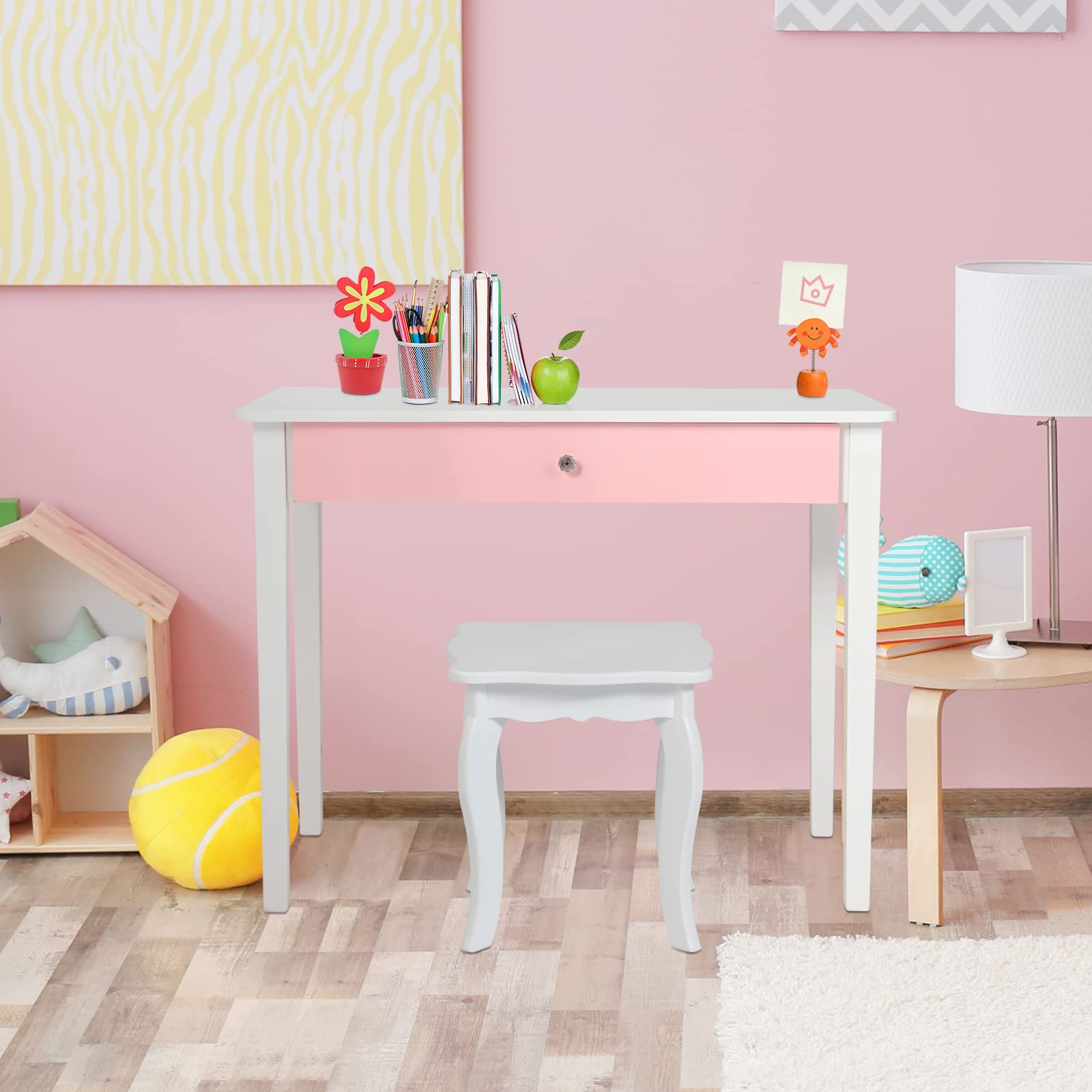 GOPLUS 2 in 1 Kinder Schminktisch, Frisiertisch & Stuhl, Kosmetiktisch mit Abnehmbarem 3-Fach-Spiegel & Schublade, Gepolsterter Hocker, aus Holz, im Landhausstil, Kinderschminktisch für Mädchen (Weiß)