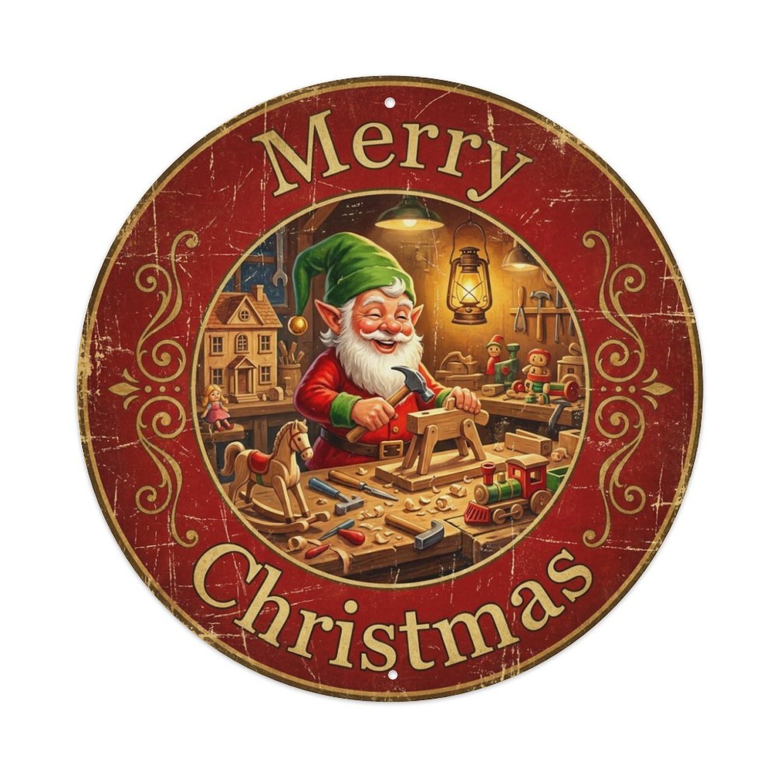 Merry Christmas Elf Workshop Toy Metal Tin Sign