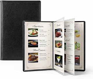 Premium Vegan Leather Menu Cover 8.5 x 11, 4 Page 8 View Menu Folder with Clear Sleeves, Restaurant Menu Holder, Portfolio Binder, Sheet Music Folder, Hotel & Guesthouse Presentation Book