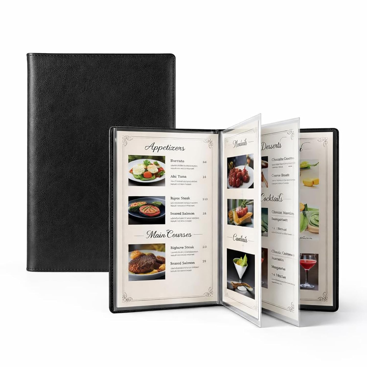 Premium Vegan Leather Menu Cover 8.5 x 11, 4 Page 8 View Menu Folder with Clear Sleeves, Restaurant Menu Holder, Portfolio Binder, Sheet Music Folder, Hotel & Guesthouse Presentation Book