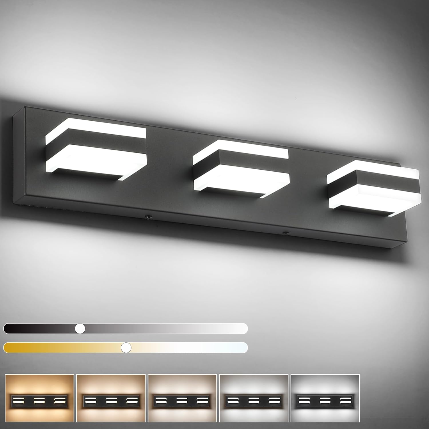 SOLFART 5 Color Temperature Adjustable Black 3 Lights Bathroom Vanity Fixtures, LED Vanity Light Over Mirror, Bathroom Light Fixture for Vanity Matt Black-5 Color Temperature & Dimmable 21.7 inch