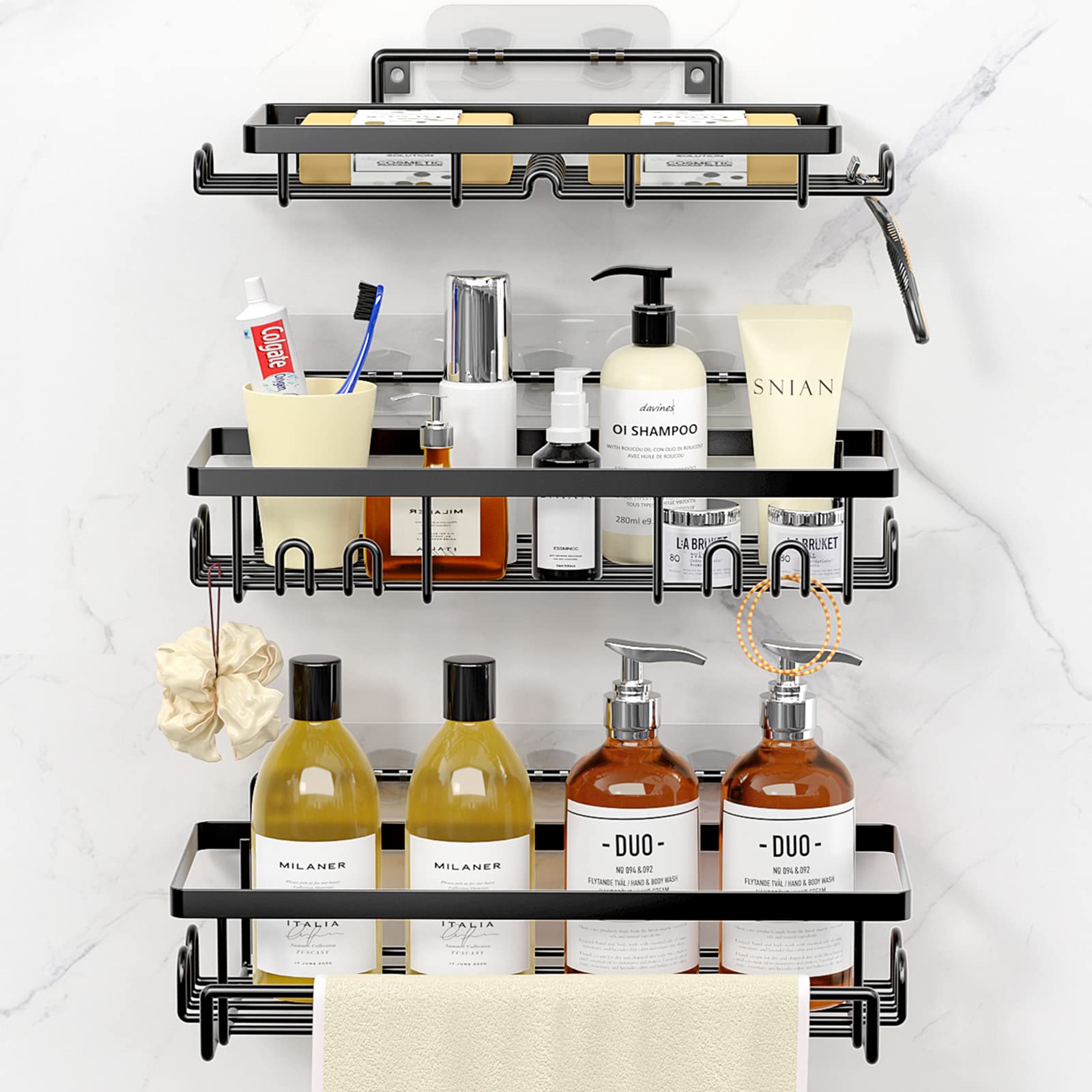 SIXDOVE 3-Pack Shower Caddy Stainless Steel Rustproof Shower Organizer with Towel Bar & 16 Hooks Self Adhesive Shower Shelves No drilling Soap Holders for Inside Shower, Bathroom, Kitchen(Matte Black)