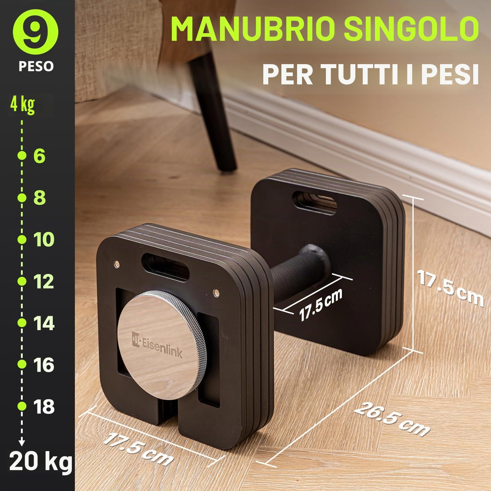 Eisenlink Manubrio corto da 20 kg (4-20 kg), regolabile e compatto, forma quadrata, con impugnatura antiscivolo, per fitness, allenamento, palestra a casa (20 kg × 1)