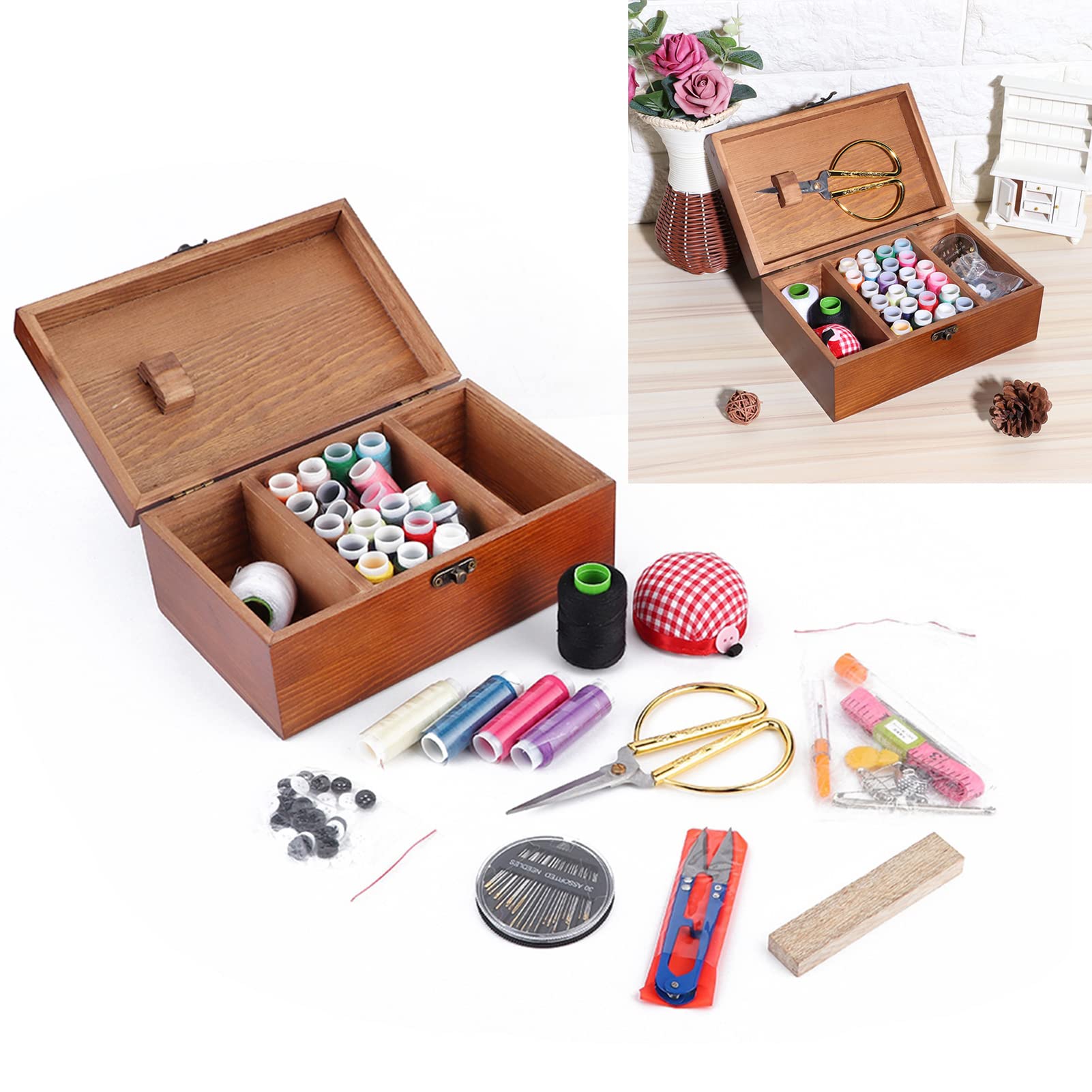 Kit De Costura De Madera, Caja De Almacenamiento para Kit De Costura, Caja De Costura, Caja De Costura De Madera Vintage para El Hogar, Caja De Almacenamiento De Hilo De Aguja(Sewing Kit Box)