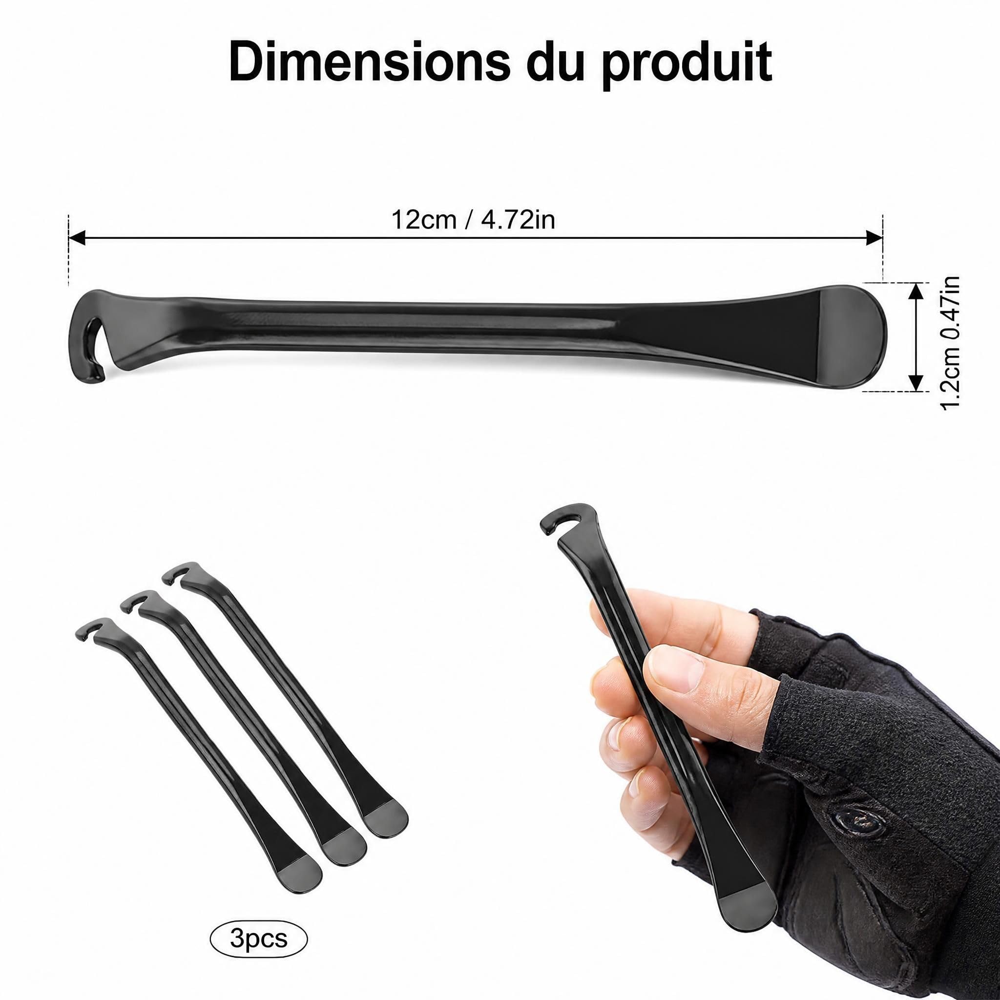 Lot De 3 Démonte-Pneus Métal 12 Cm – Leviers Robustes Avec Crochet – Pour Vélo, VTT, Trottinette