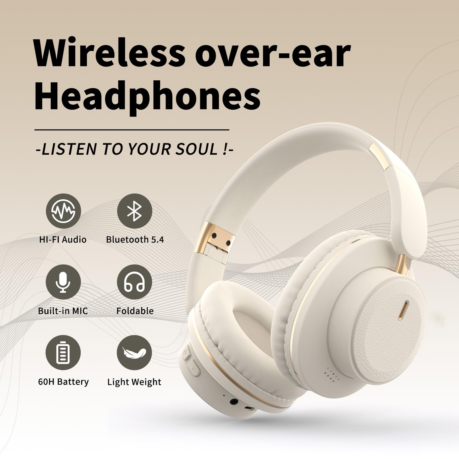 H9 - Cuffie wireless Bluetooth over-ear con audio surround HiFi e cavo USB-C, batteria a lunga durata di 24 ore, microfono integrato, per donne e uomini, viaggi, casa, ufficio (bianco sporco)