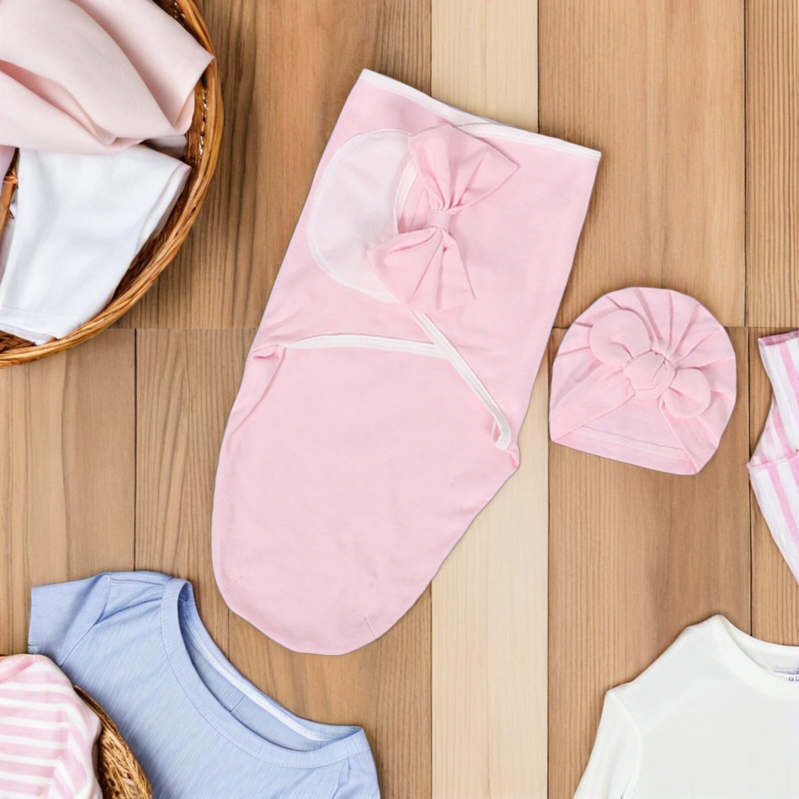 Supvox Wickeltuch und Mütze aus Baumwolle mit Schleife für Mädchen | Weiche Babydecke zum Einwickeln, 3 Stück, Geeignet für Neugeborenenfotografie und Spaziergänge