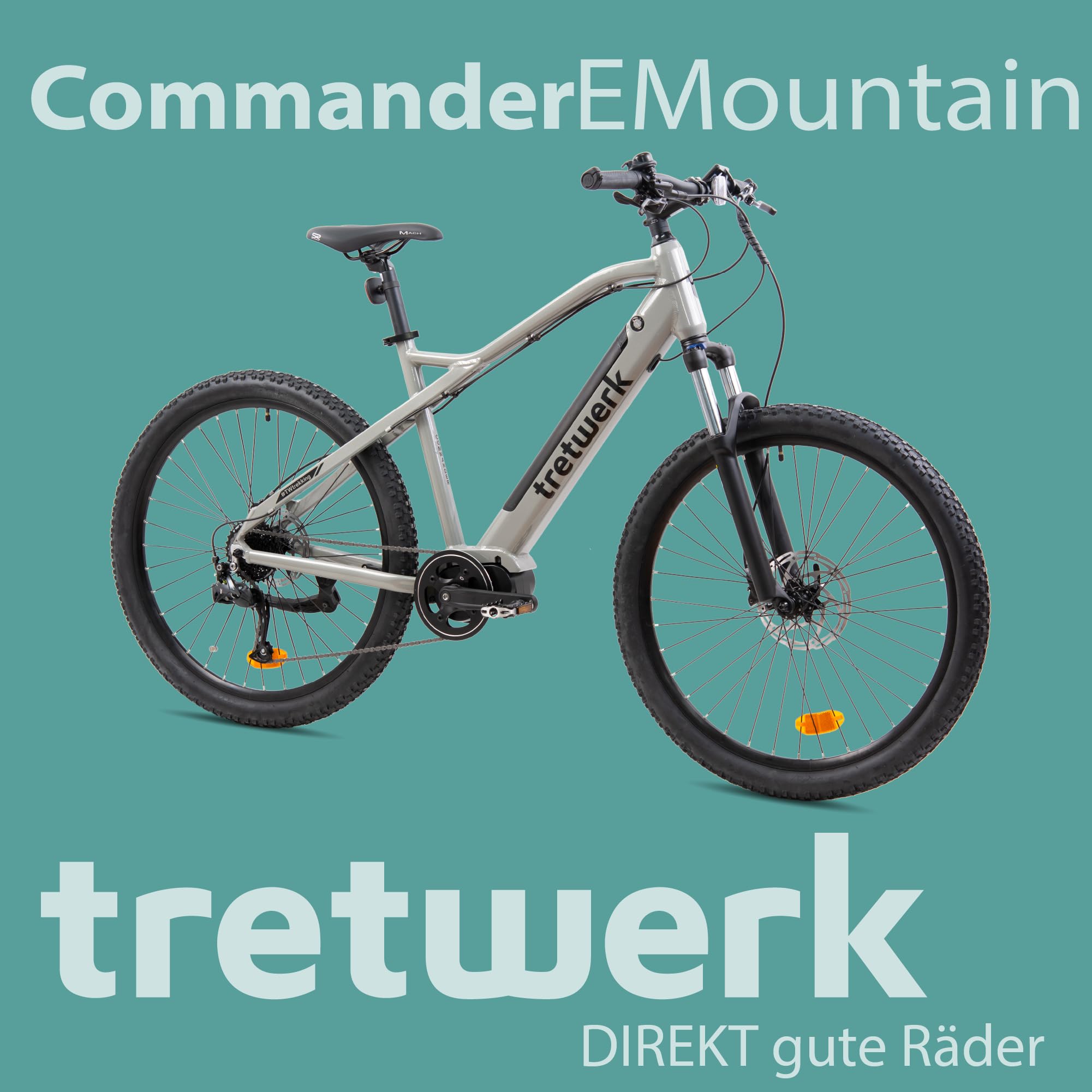 TRETWERK - 27,5 Zoll E-Bike Mountainbike - Commander - Pedelec Mountainbike mit 9 Gang Shimano Kettenschaltung - Elektrofahrrad MTB Hardtail mit Hecknabenmotor 250W, 36V