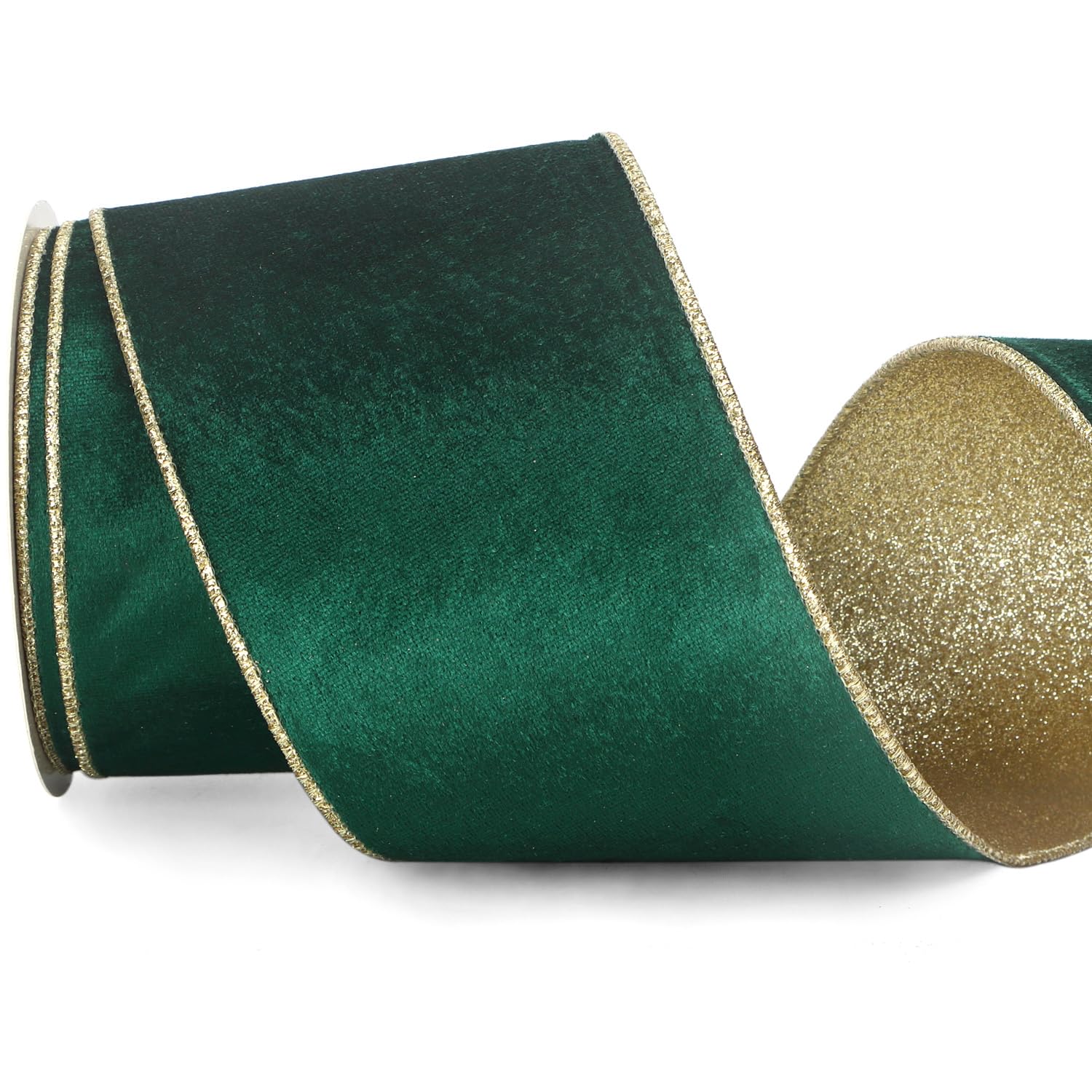 Ribbli Forest Green Velvet Wired Ribbon 4 Inch Green Velvet with Gold Glitter Christmas Ribbon for Christmas Tree Decoration Big Bow Gift Wrapping