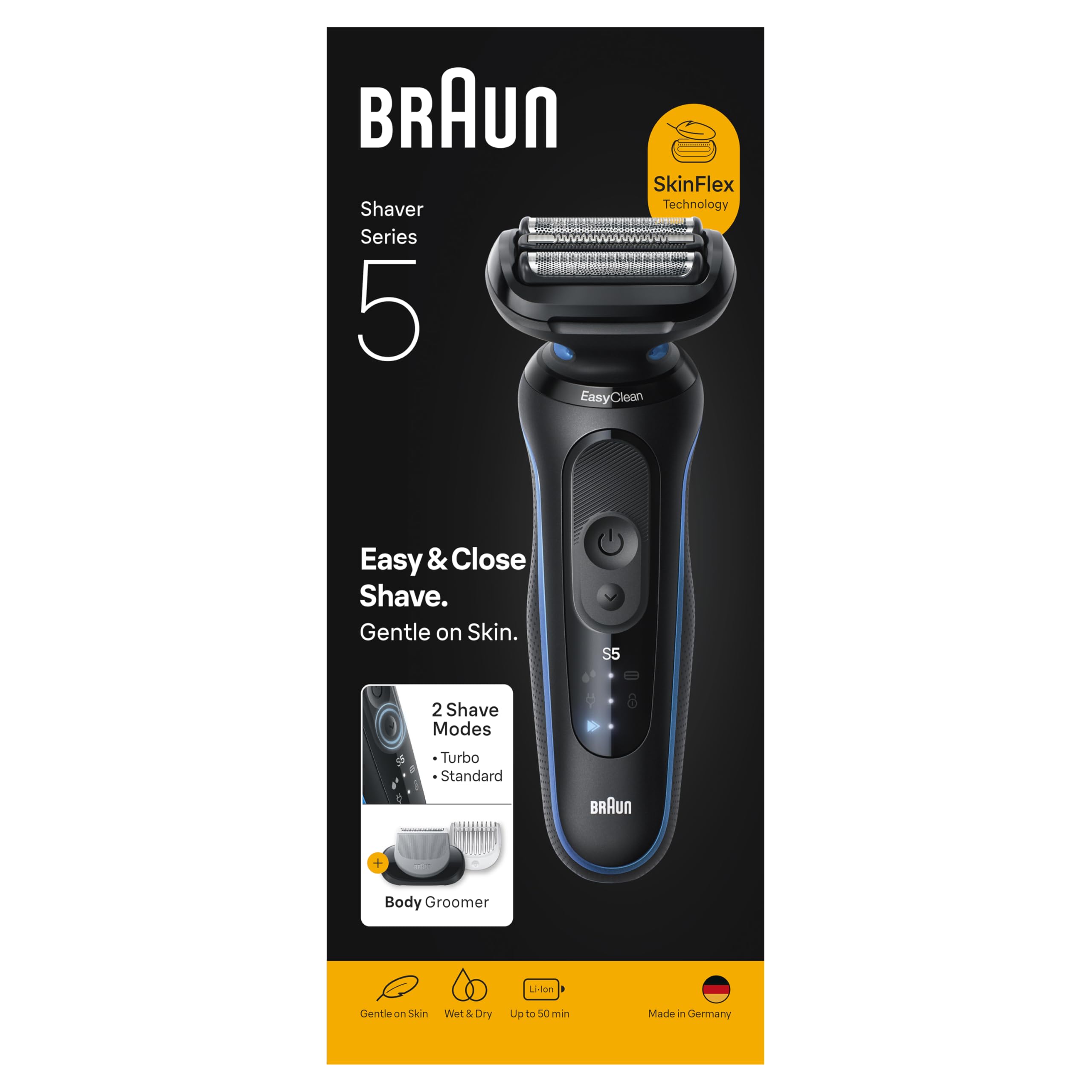 braun series 5 electric shaver wet & dry shaver with shaver for men, wireless, up to 50 min, 100% waterproof, 52-b1600s, blue