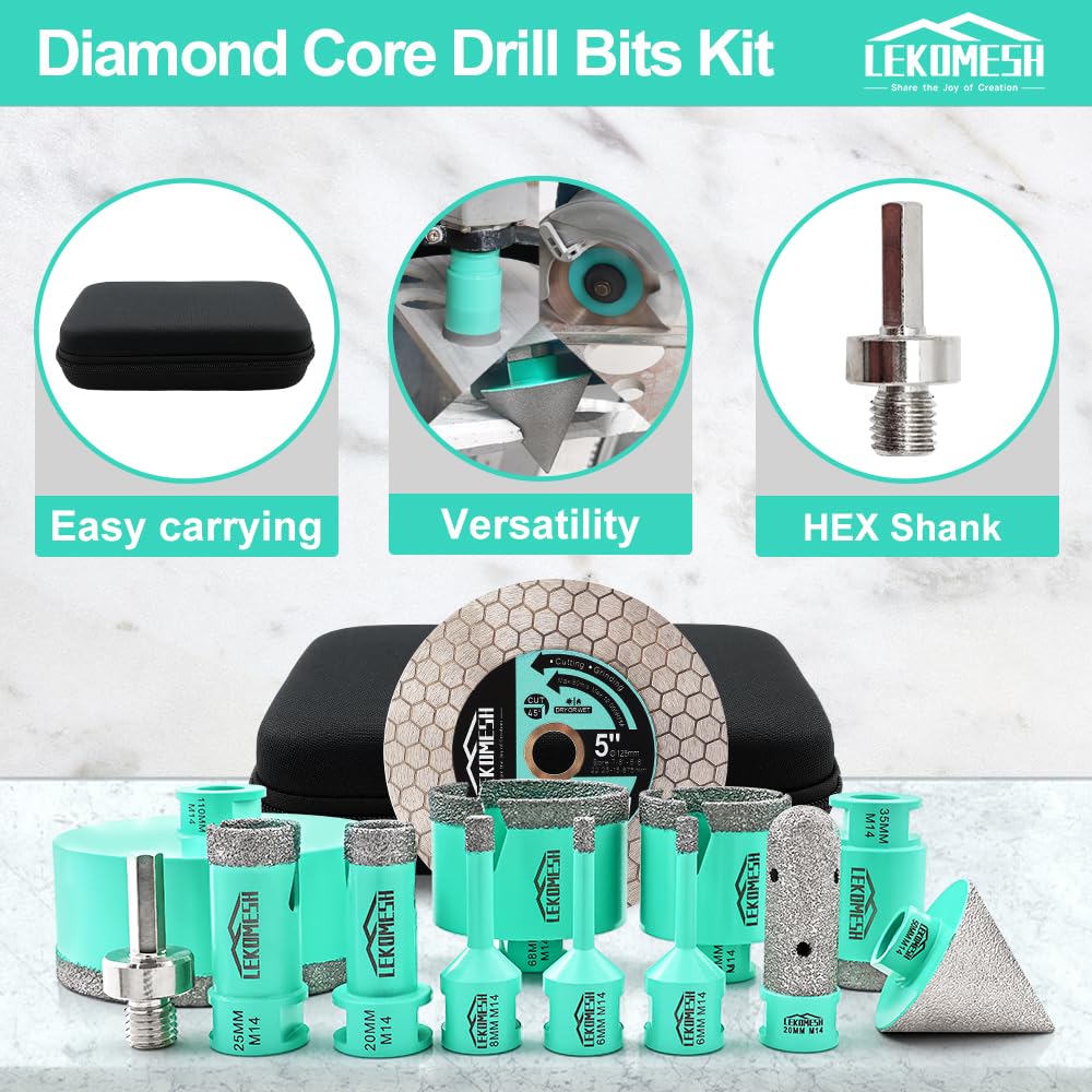 LEKOMESH Tile Hole Cutter Set-(6/6/8/20/25/35/50/68/110mm+20mm Finger Bit+50mm Chamfer Bit+HEX Adapter+ Tile Saw Blade) Diamond Hole Saw Kit for Porcelain M14 Thread - Image 4
