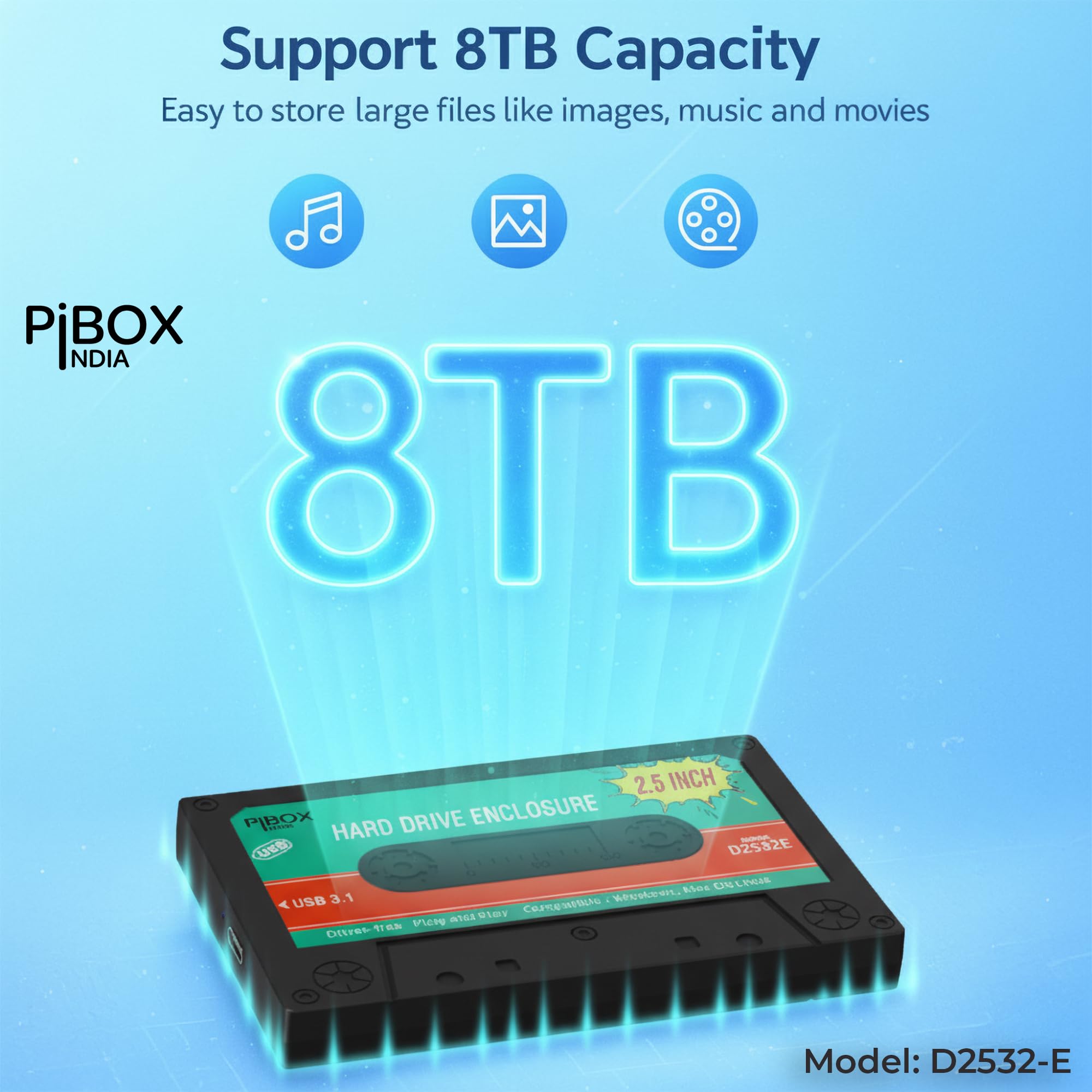 PiBOX 2.5 inch Hard Drive Enclosure Type C with OTG Adapter - Retro Casette, PiBOX India 6Gbps USB 3.1 to SATA III Tool-Free External Hard Drive Enclosure for 7mm/9.5mm 2.5" SSD Laptop HDD with UASP — Amazon image 8