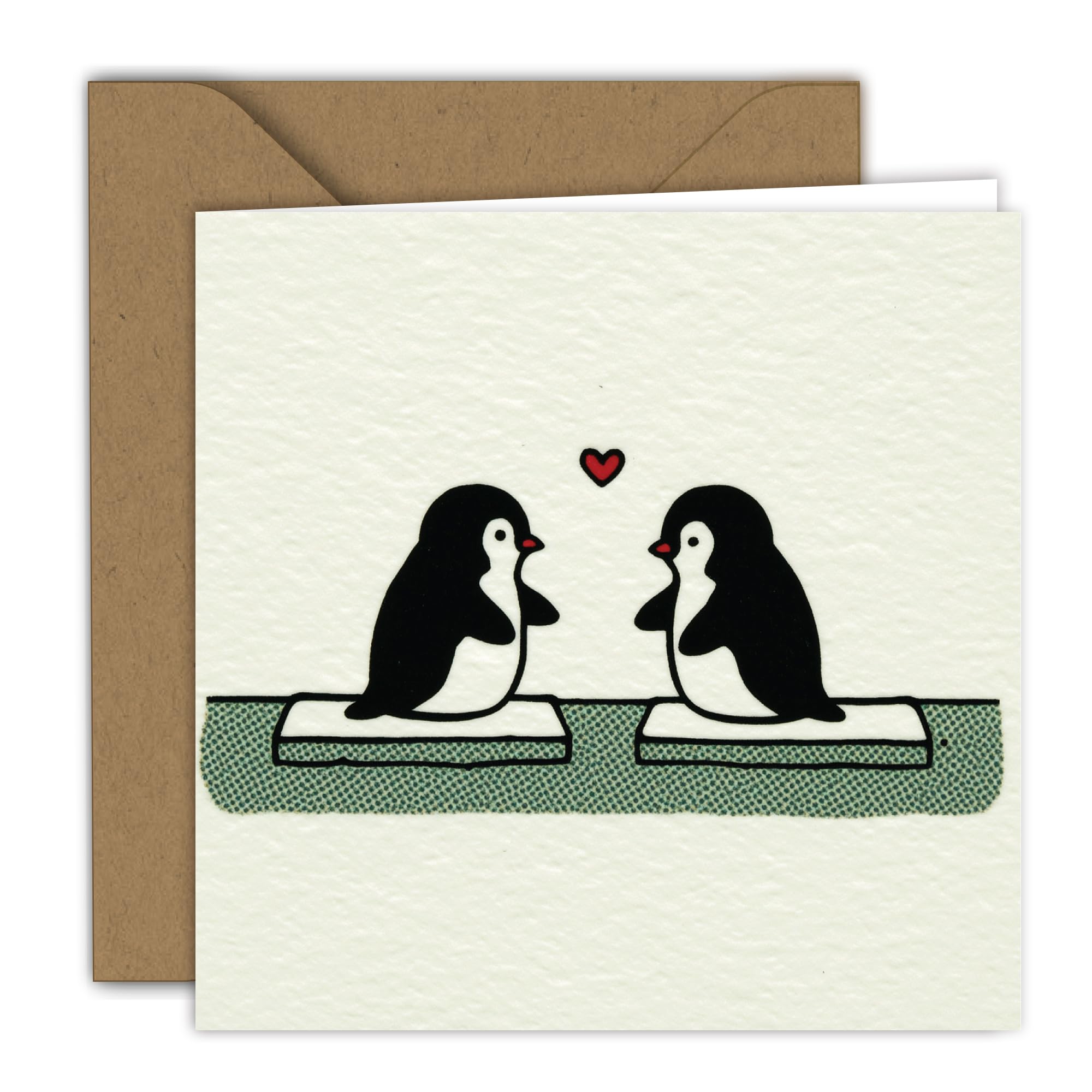 Valentine Card - Penguin Motif with Heart | Folding Card (15 x 15 cm) - With Kraft Envelope - Blank Inside (2) (2)