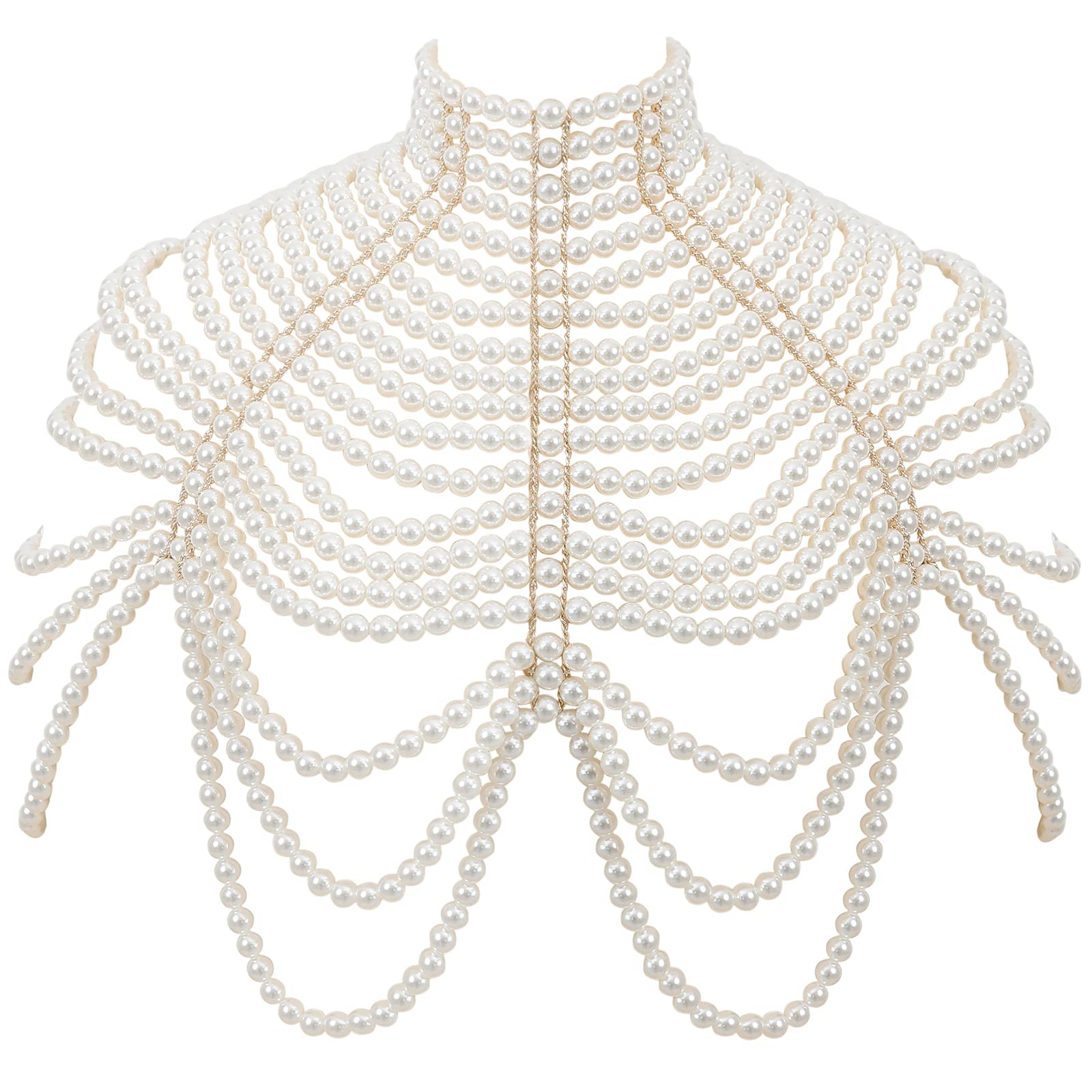 BELLULULU Women's Pearl Body Chain Bra Sexy Bikini Body Chain-Shoulder Necklace Paris Fashion Body Chain Jewelry Show Pearl-white