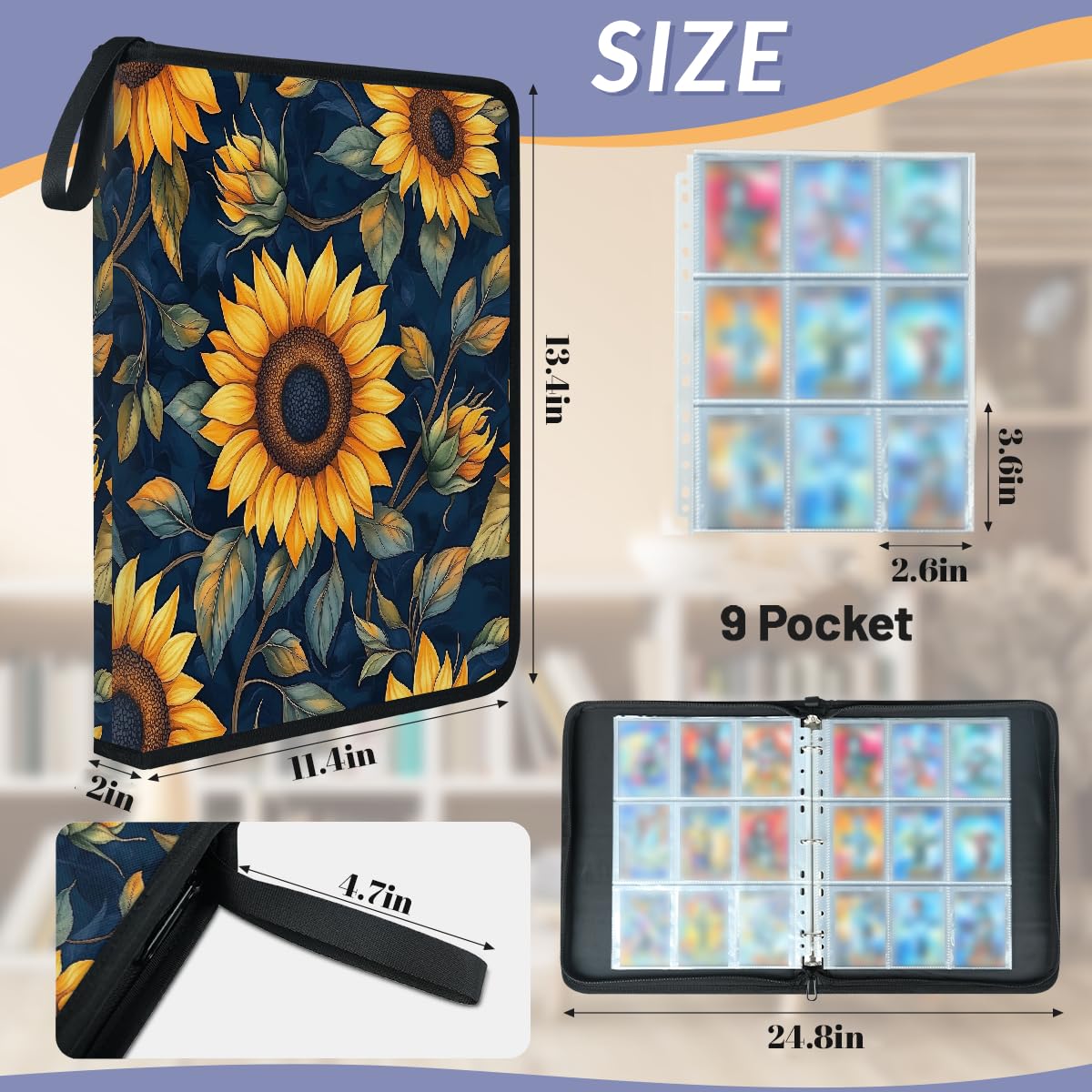 Mexpekil Raccoglitore di carte con foglie di girasole, 9 tasche con 50 pagine a caricamento laterale, cartellina per 900 carte, album per carte collezionabili con cerniera, impermeabile, porta carte