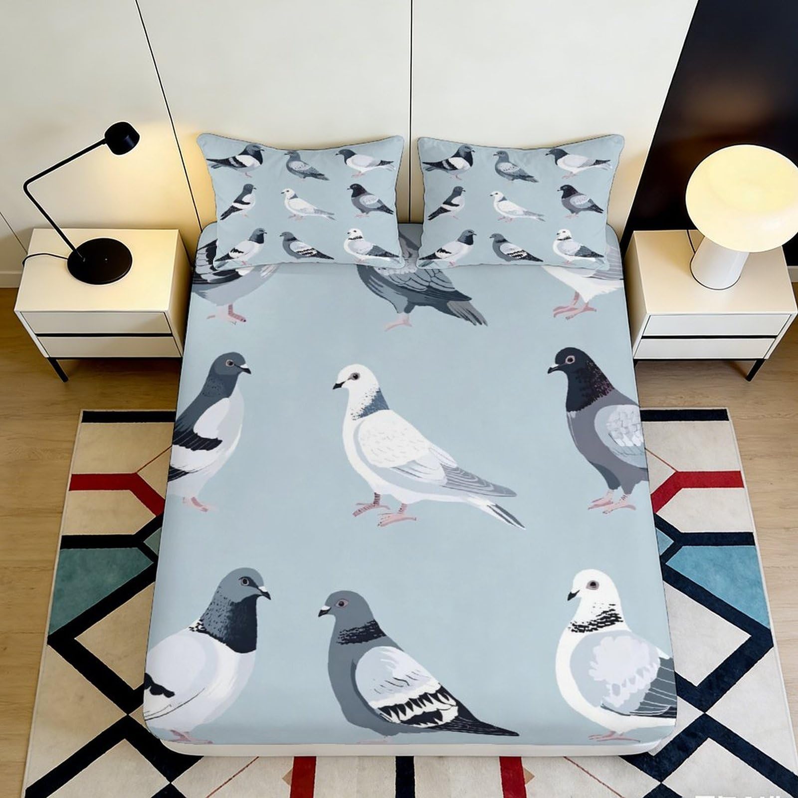 3D Printed Pigeon Illustration Fitted Sheet Microfiber Soft Blue Bird Pattern Mattress Cover for Bedroom Dorm 90x200x25cm