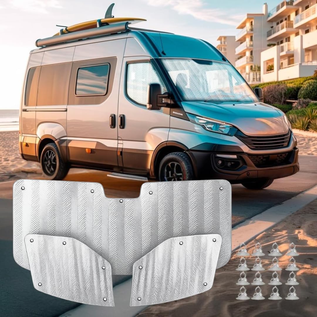 MJS Komplet osłon termicznych do przednich szyb i okien, kompatybilny z Iveco Daily 2014-2026 (3 sztuki) Termiczny ekran okien kabiny samochodowej z przyssawkami, osłona przeciwsłoneczna do izolacji