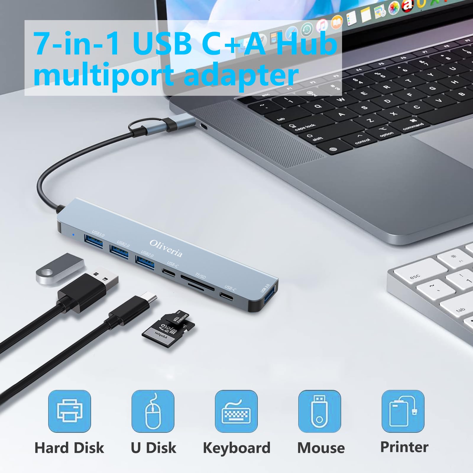 Oliveria Hub USB C 3.0, adattatore multiporta hub USB 3.0 8 in 2 con lettore di schede SD e TF, porte USB 3.0 e USB 2.0, porta USB-C, hub USB tipo C per MacBook Air/Pro, Galaxy, iPad, Windows, ecc.