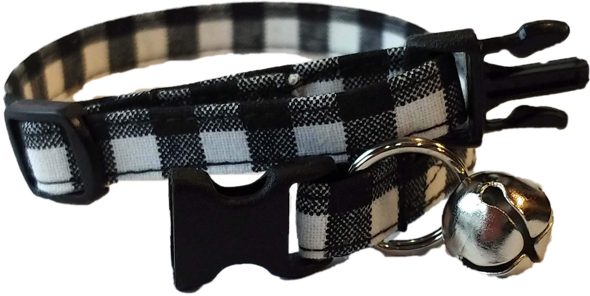 Black Gingham Kitten or Cat Collar White Buffalo Check Adjustable Summer Fabric Picnic Plaid Checker Soft w Bell Break Away Buckle Release (XS- Kitten)
