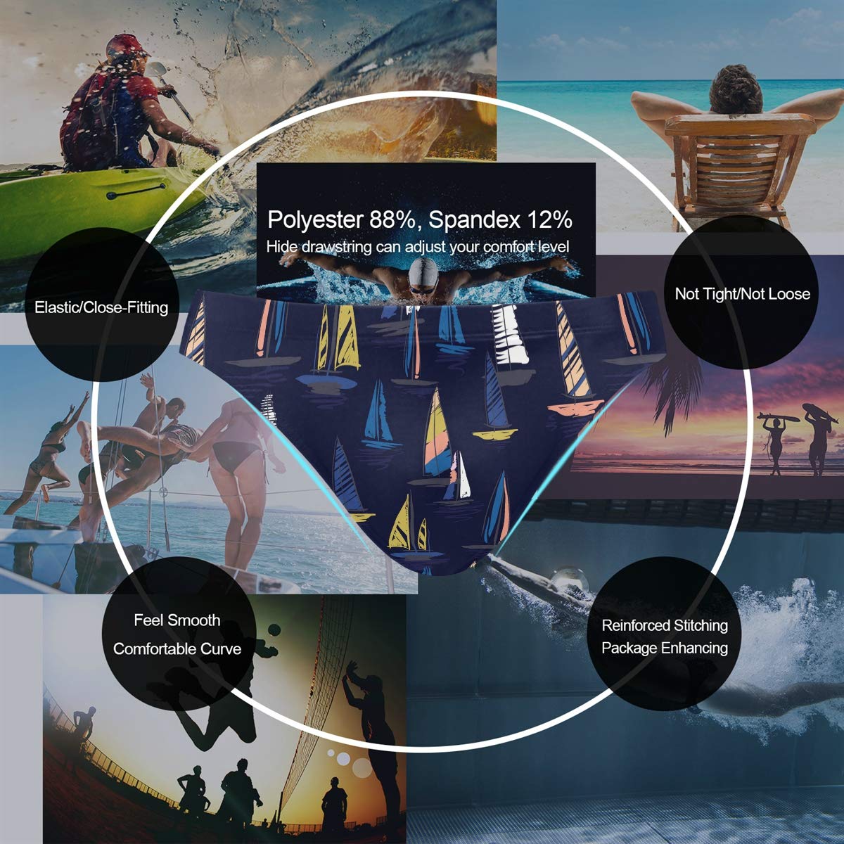 Men Swim Brief Bikini Hand Drawing Colorful Wind Surf Summer Beach Style Beach Bikini for Men Swim Underwear Medium