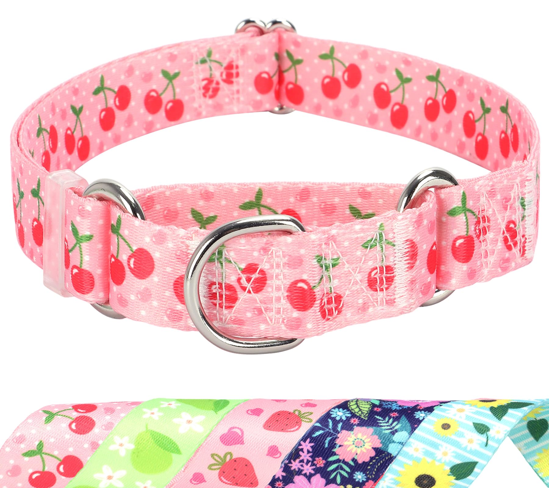Martingale Dog Collar for Small Medium Large Pet Dogs- Pink Cherry No-Slip Escape Proof Choke No Pull Fruit Dog Collar for Male and Female Dogs