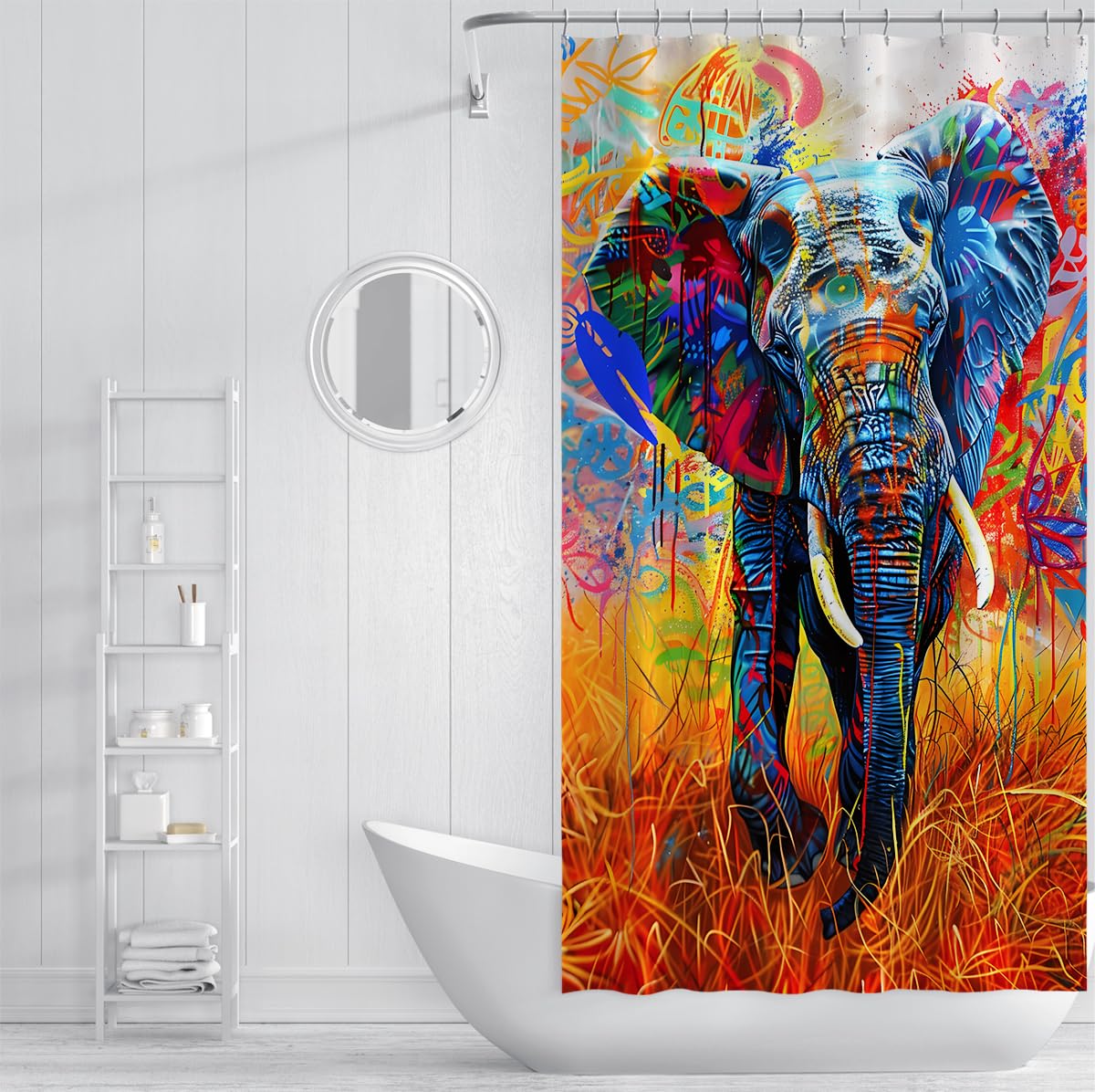 Zeitgenössische Tierkunst Duschvorhang Elefant mit bunten Graffiti-Badewannenvorhängen mit Haken Easy Care Polyester für das Badezimmer 150 x 200 cm
