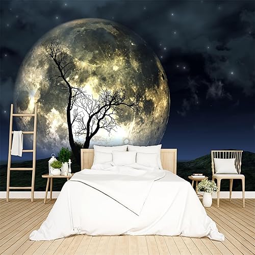 Full Moon and Stars Wall Mural, Milky Way Night Sky Trees Peel and Stick Self-Adhesive Wallpaper, Removable Large Art Wall Decor Painting for