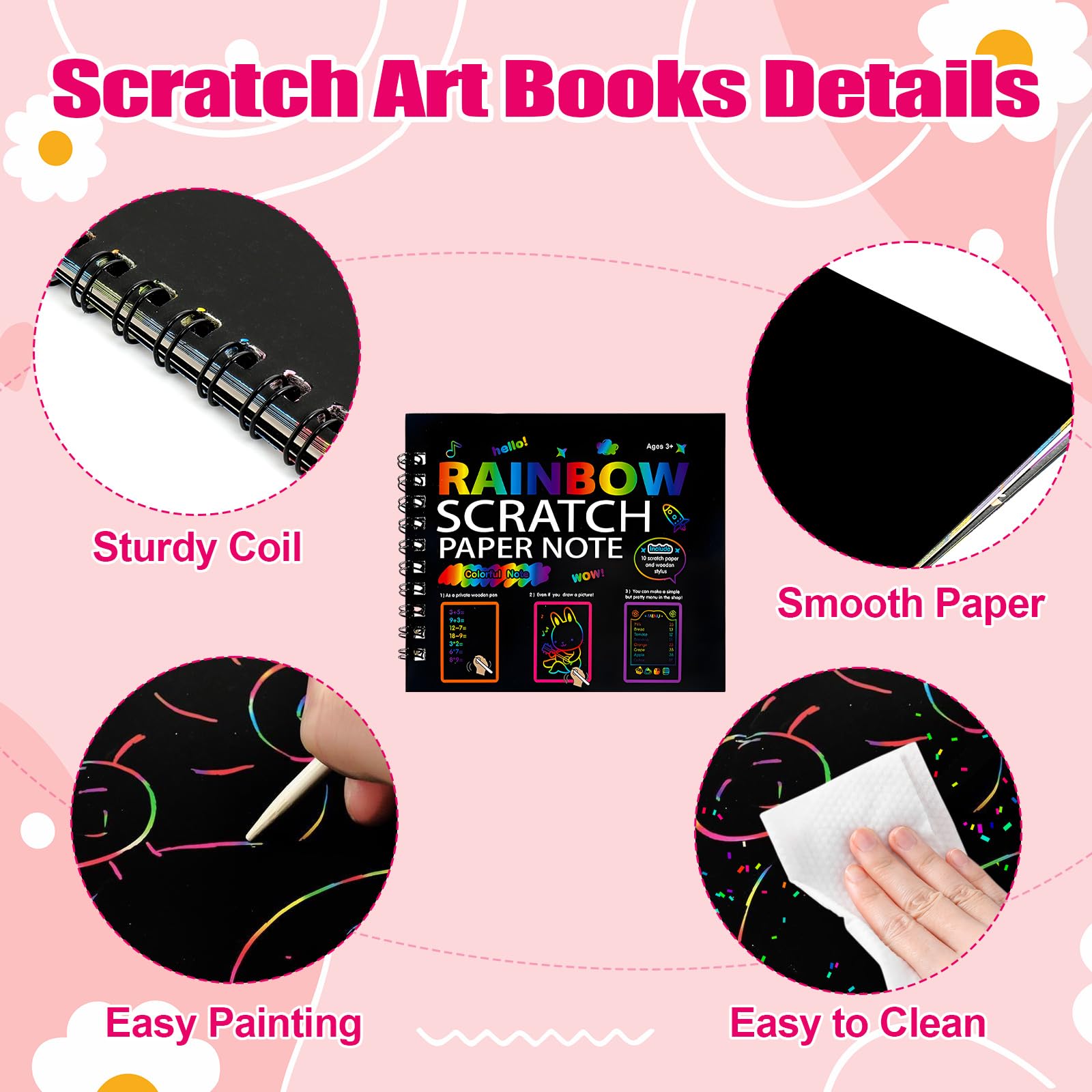 Carte à Gratter Enfant 12 Pack Notes Arc-en-ciel Livre d'Art à Gratter avec Stylo Bambou