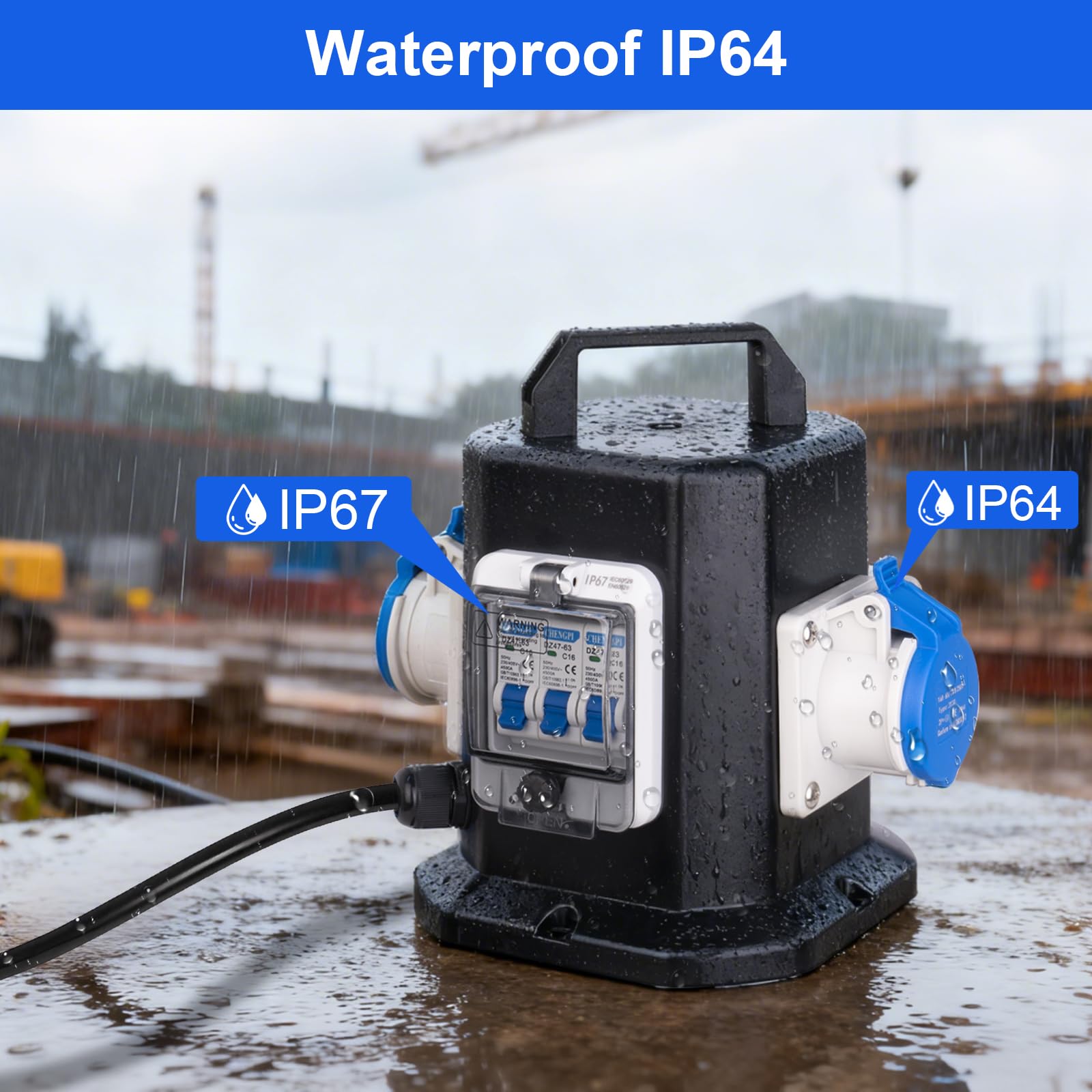 Caja de Distribución Portátil de Superficies de Construcción con Enchufes Schuko de AC 250V/16A, Caja de Distribución Temporal del Sitio de Construcción IP45 con Disyuntor