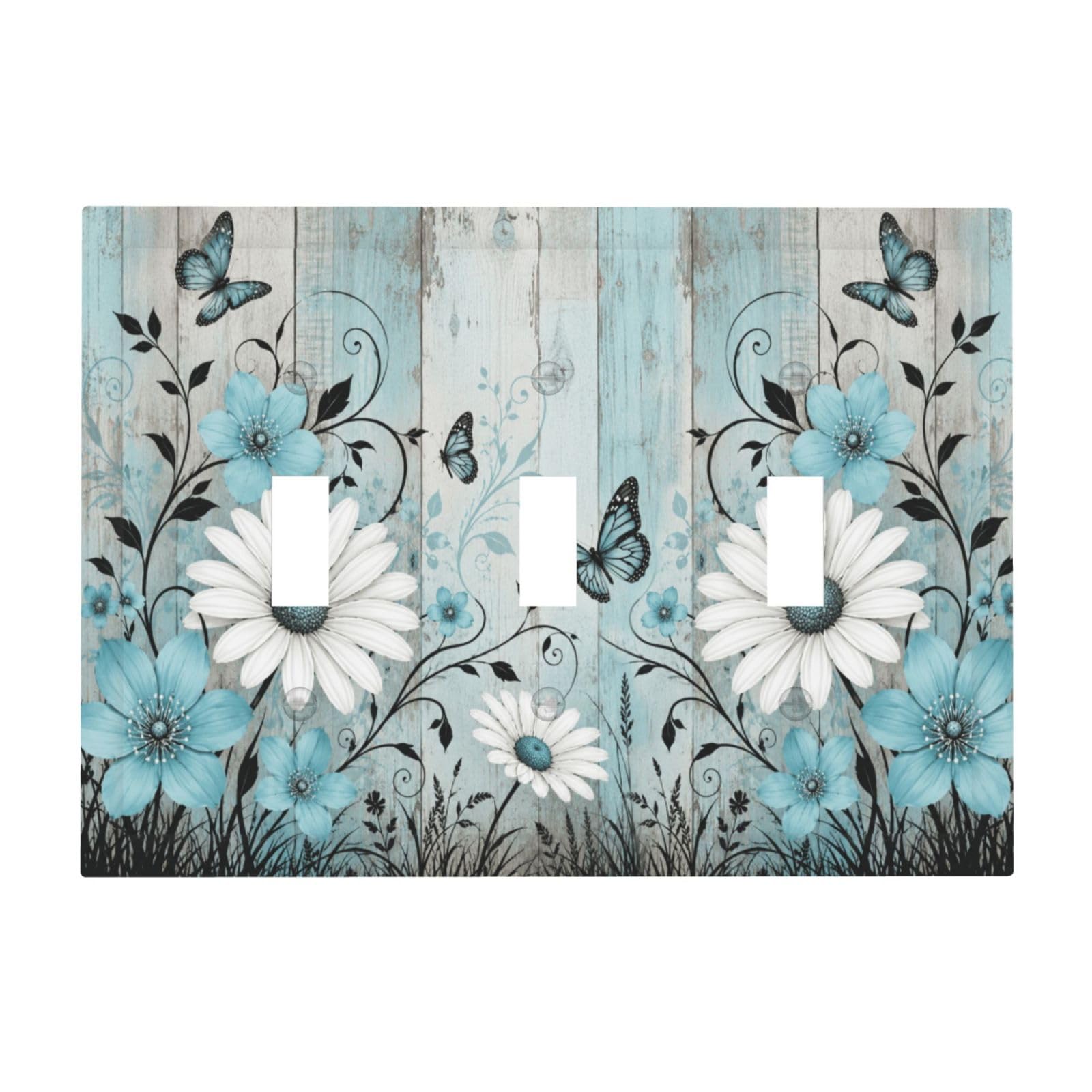 Dwbguo Decorative Light Switch Plate Covers Rustic Turquoise Daisy Butterfly 3 Gang Artistic Wall Plate Unique Vintage Wood Grain Floral Triple Toggle Light Switch Covers for Bedroom Home Decor