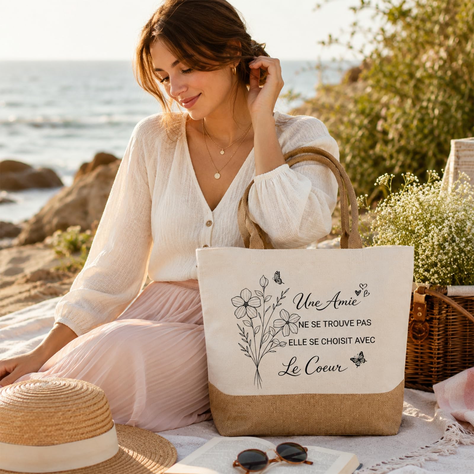 Cadeau Meilleure Amie Tote Bag Sac en Toile Jute Cabas avec Porte-Clés et Bracelet