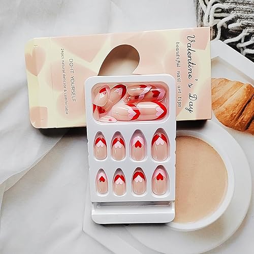 Miniatura 4 de Uñas postizas a presión de punta francesa corta almendra, uñas postizas para el día de San Valentín, uñas postizas rosas y rojas, con diseño de