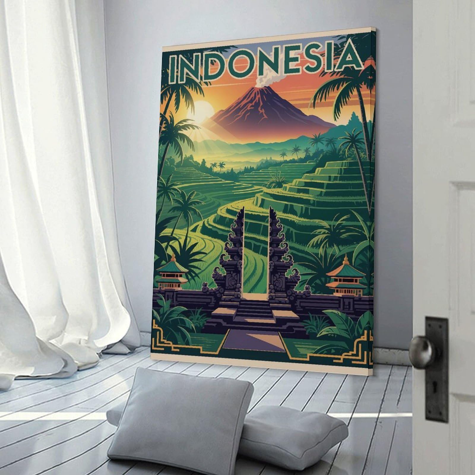 Junmoney Indonesia Travel Canvas Wall Art 24x36inch(60x90cm), for Study, Office Or Focused Interiors, Home Office Artwork with Decorative Appeal